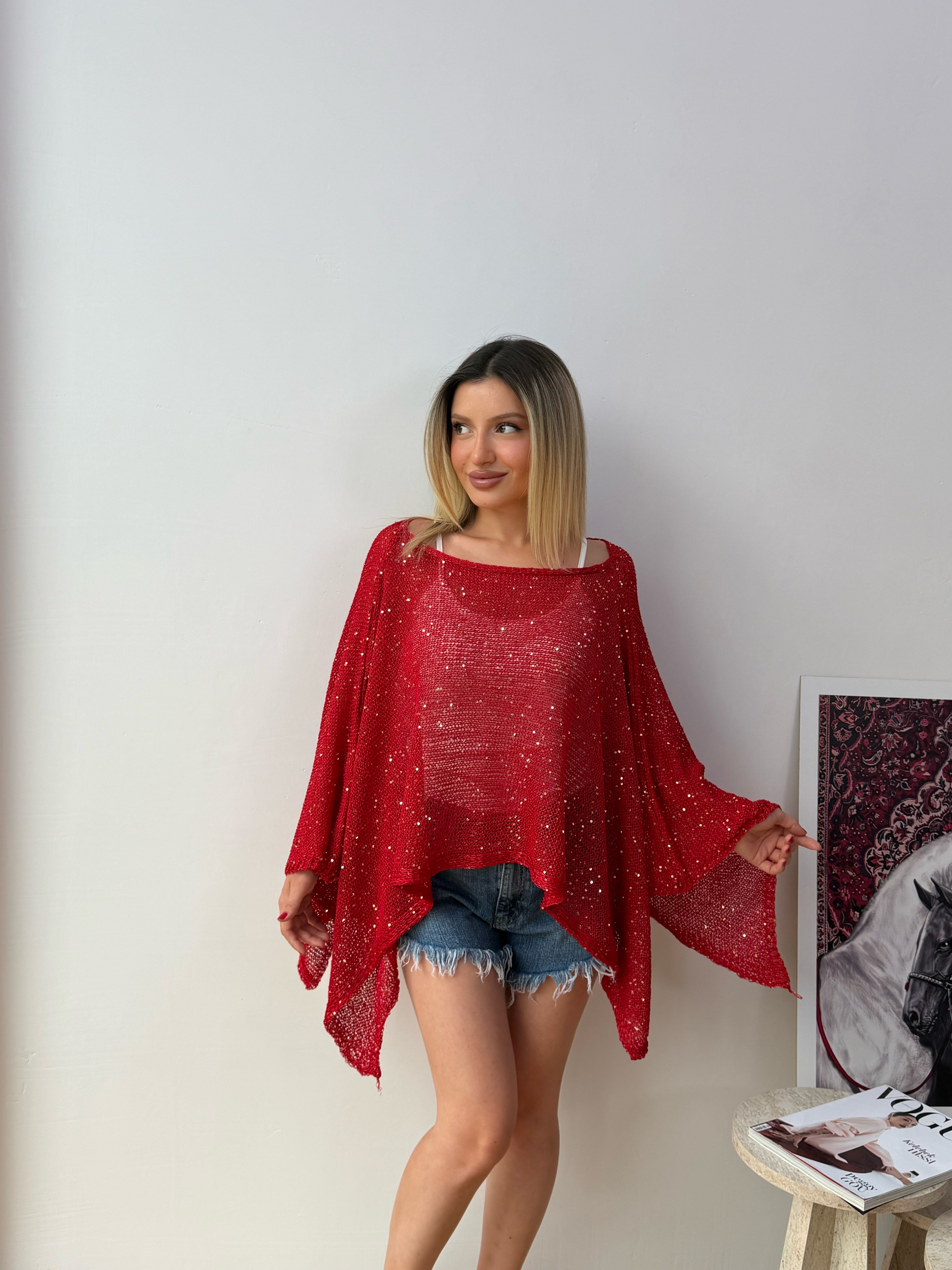 Kadın Simli Transparan Triko Panço Bluz