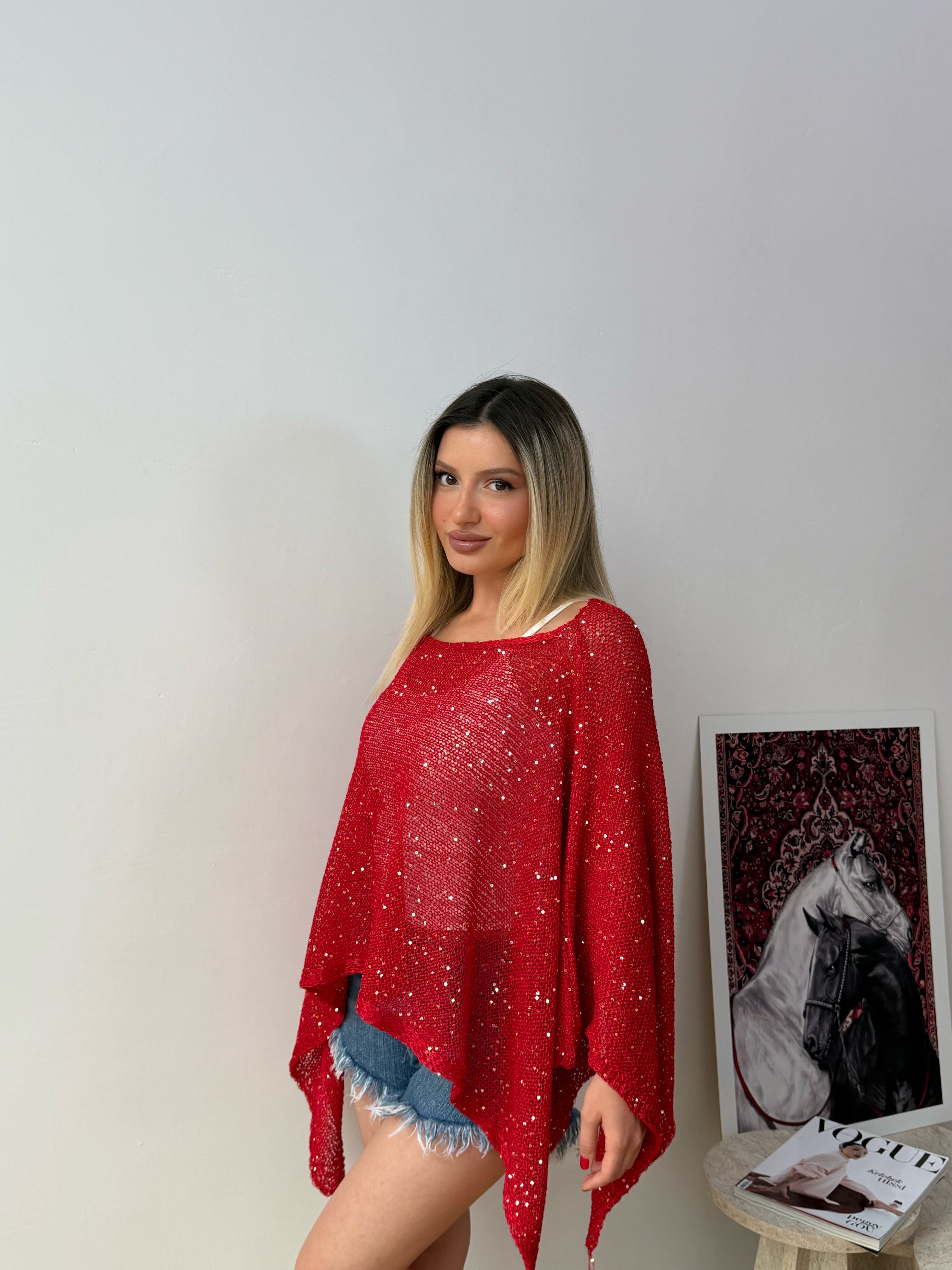 Kadın Simli Transparan Triko Panço Bluz