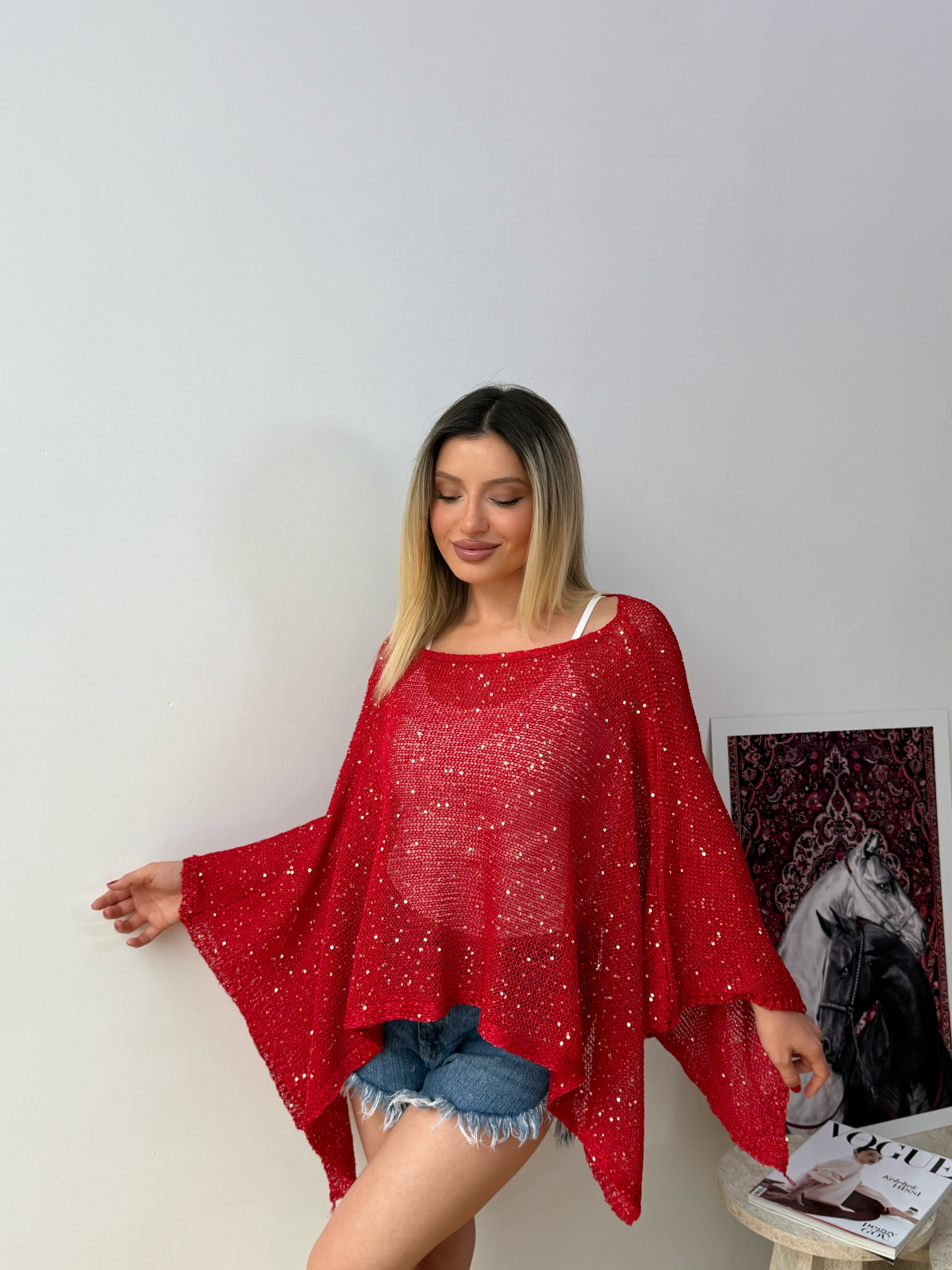 Kadın Simli Transparan Triko Panço Bluz