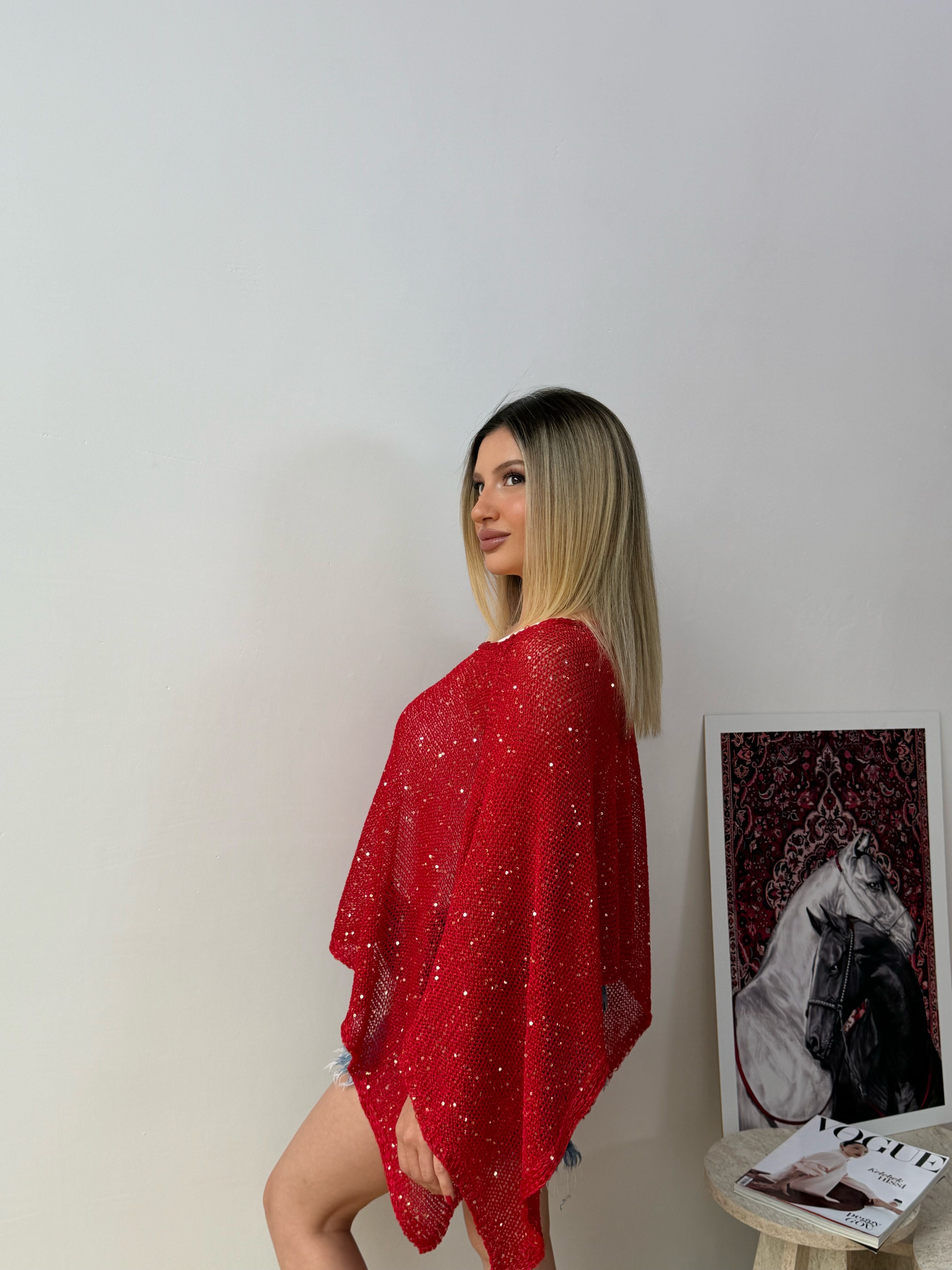 Kadın Simli Transparan Triko Panço Bluz