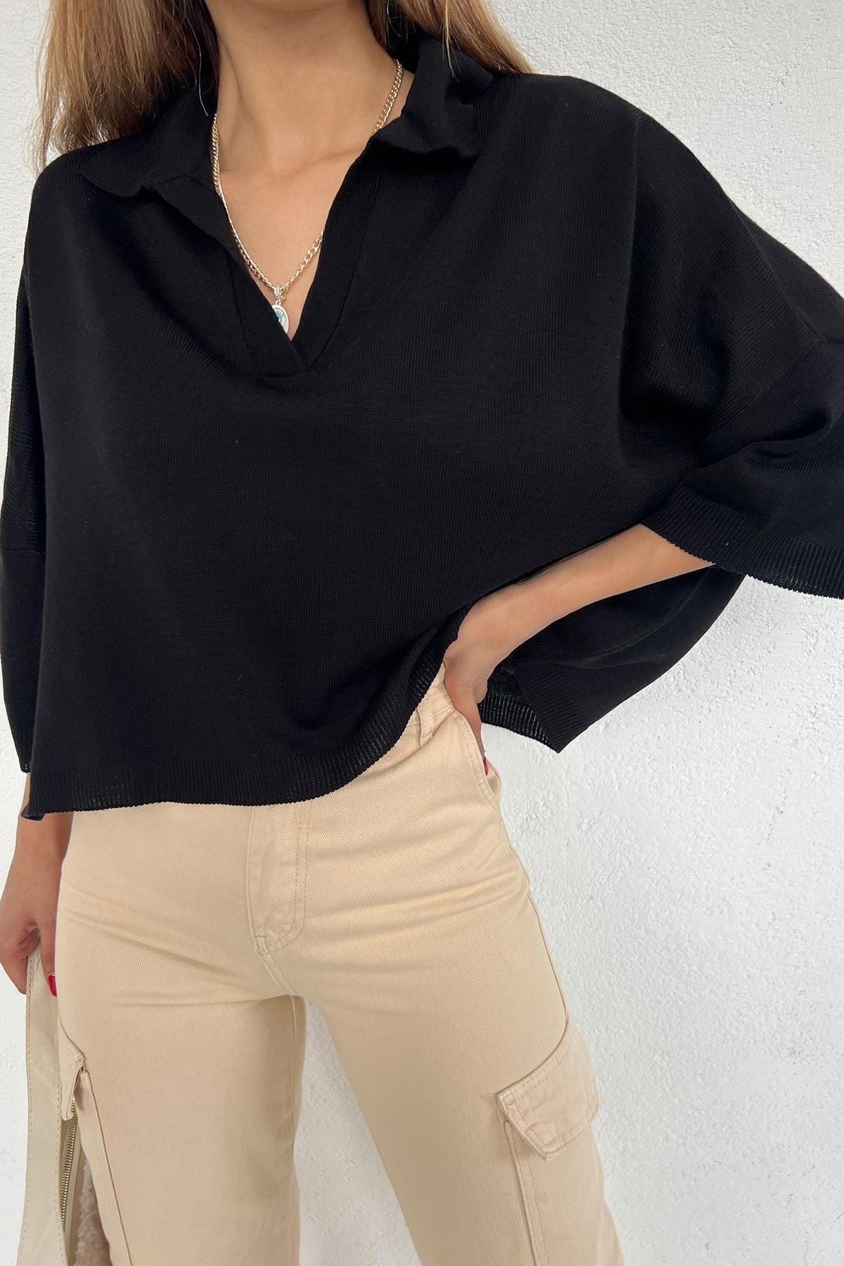 Kadın Siyah Polo Yaka Oversize Triko Bluz