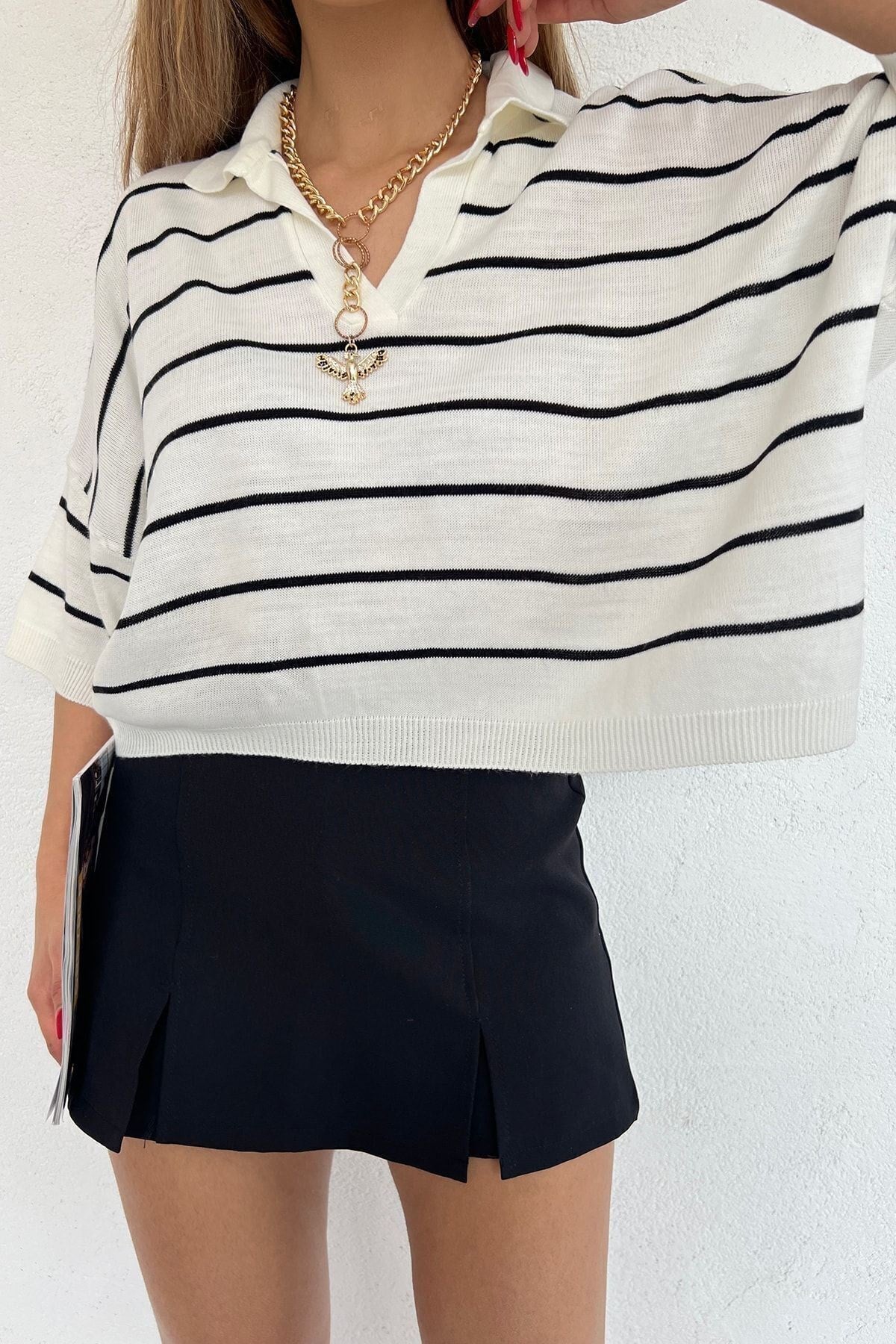 Kadın Siyah Polo Yaka Oversize Triko Bluz