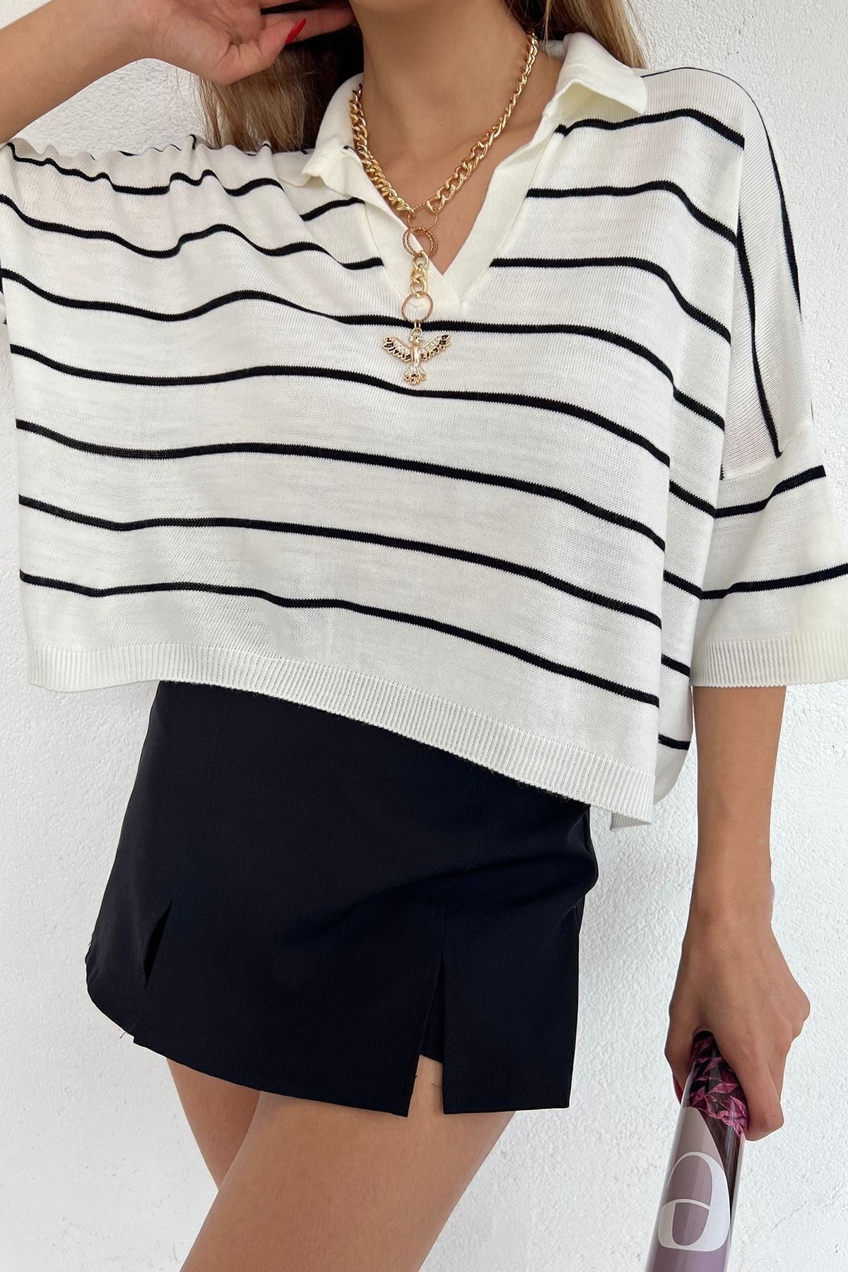 Kadın Siyah Polo Yaka Oversize Triko Bluz