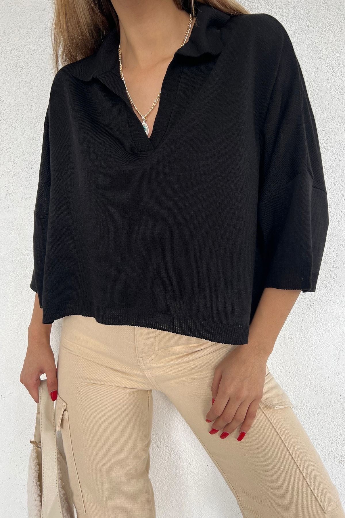 Kadın Siyah Polo Yaka Oversize Triko Bluz
