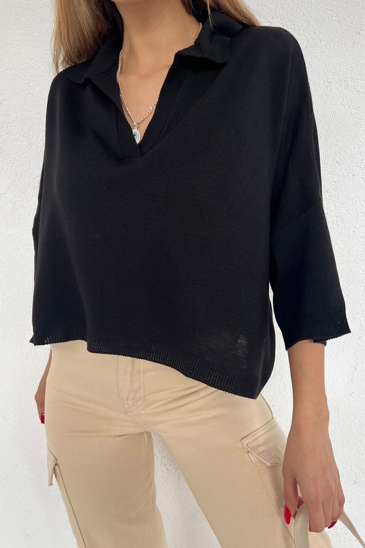 Kadın Siyah Polo Yaka Oversize Triko Bluz