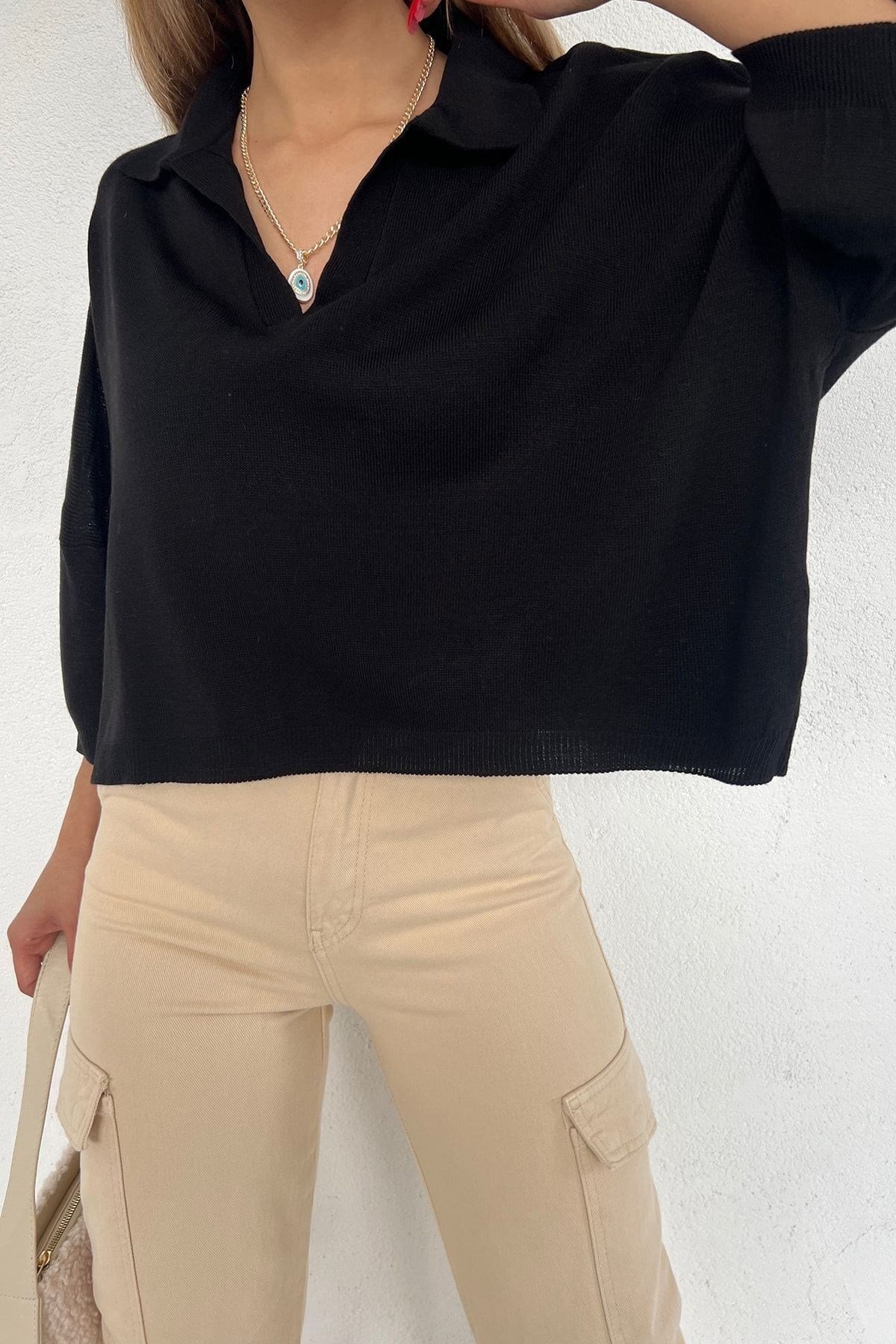 Kadın Siyah Polo Yaka Oversize Triko Bluz