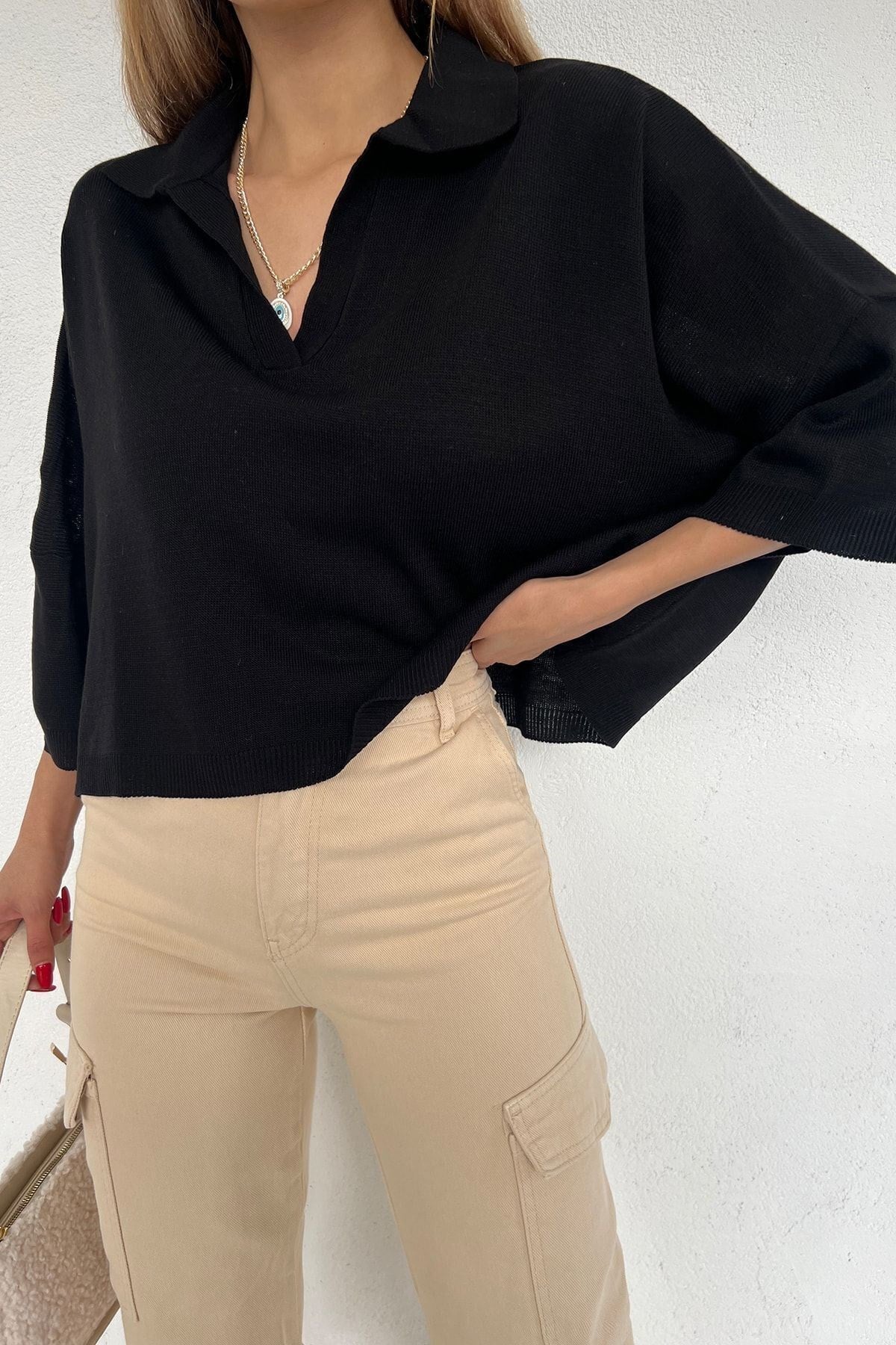 Kadın Siyah Polo Yaka Oversize Triko Bluz