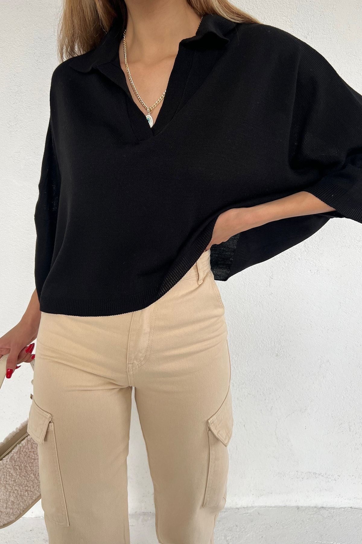 Kadın Siyah Polo Yaka Oversize Triko Bluz