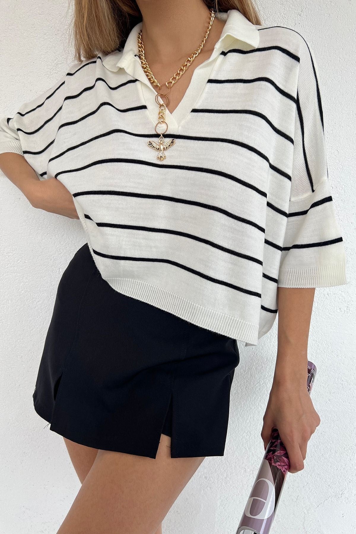 Kadın Siyah Polo Yaka Oversize Triko Bluz