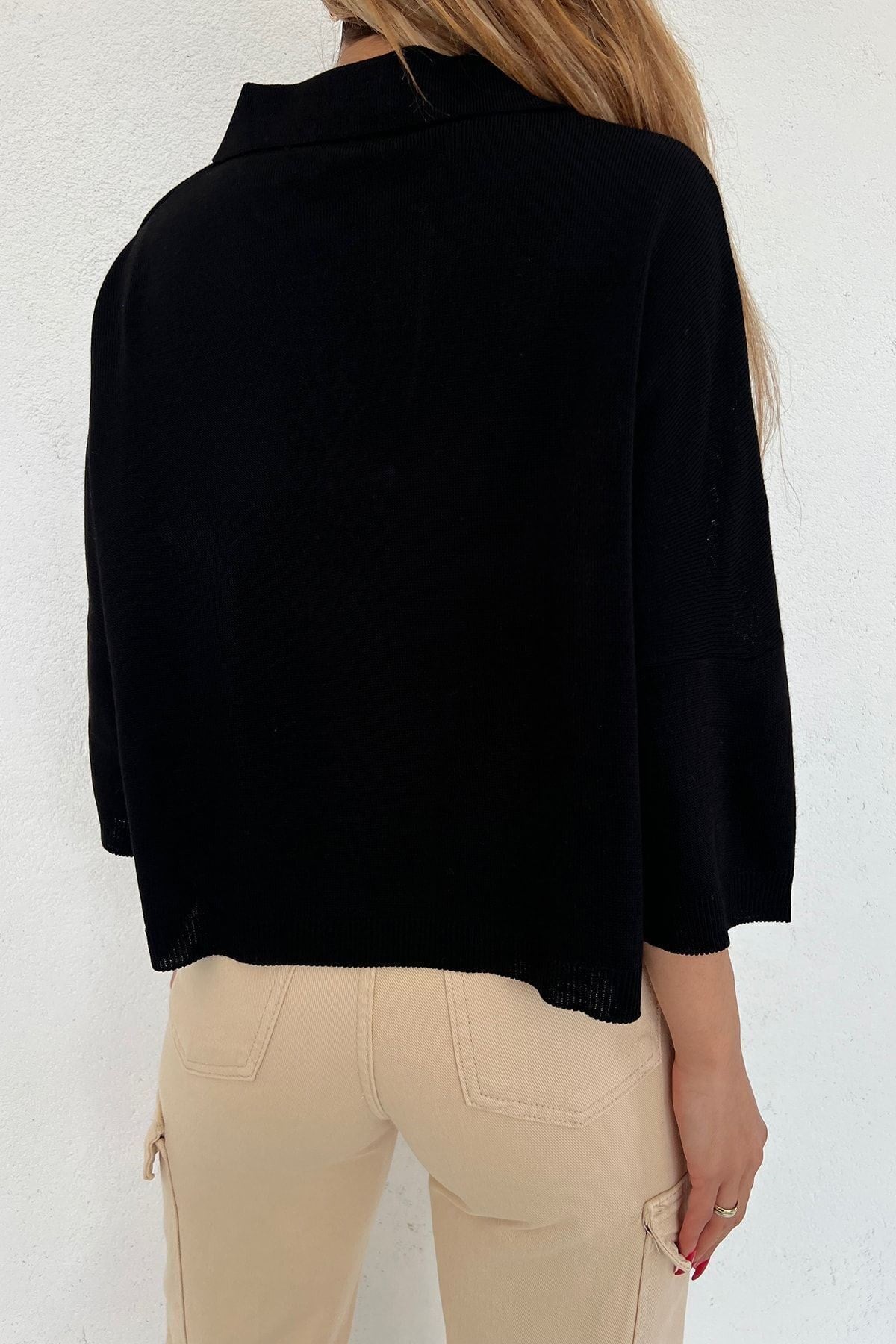 Kadın Siyah Polo Yaka Oversize Triko Bluz