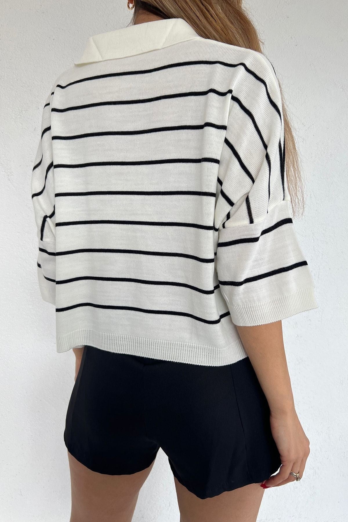 Kadın Siyah Polo Yaka Oversize Triko Bluz