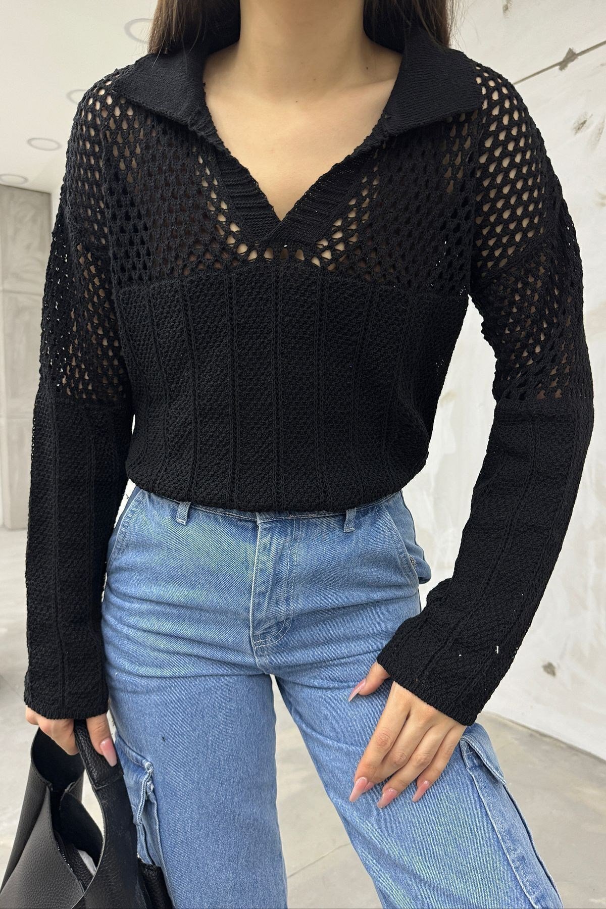 Kadın Siyah Polo Yaka Triko Bluz