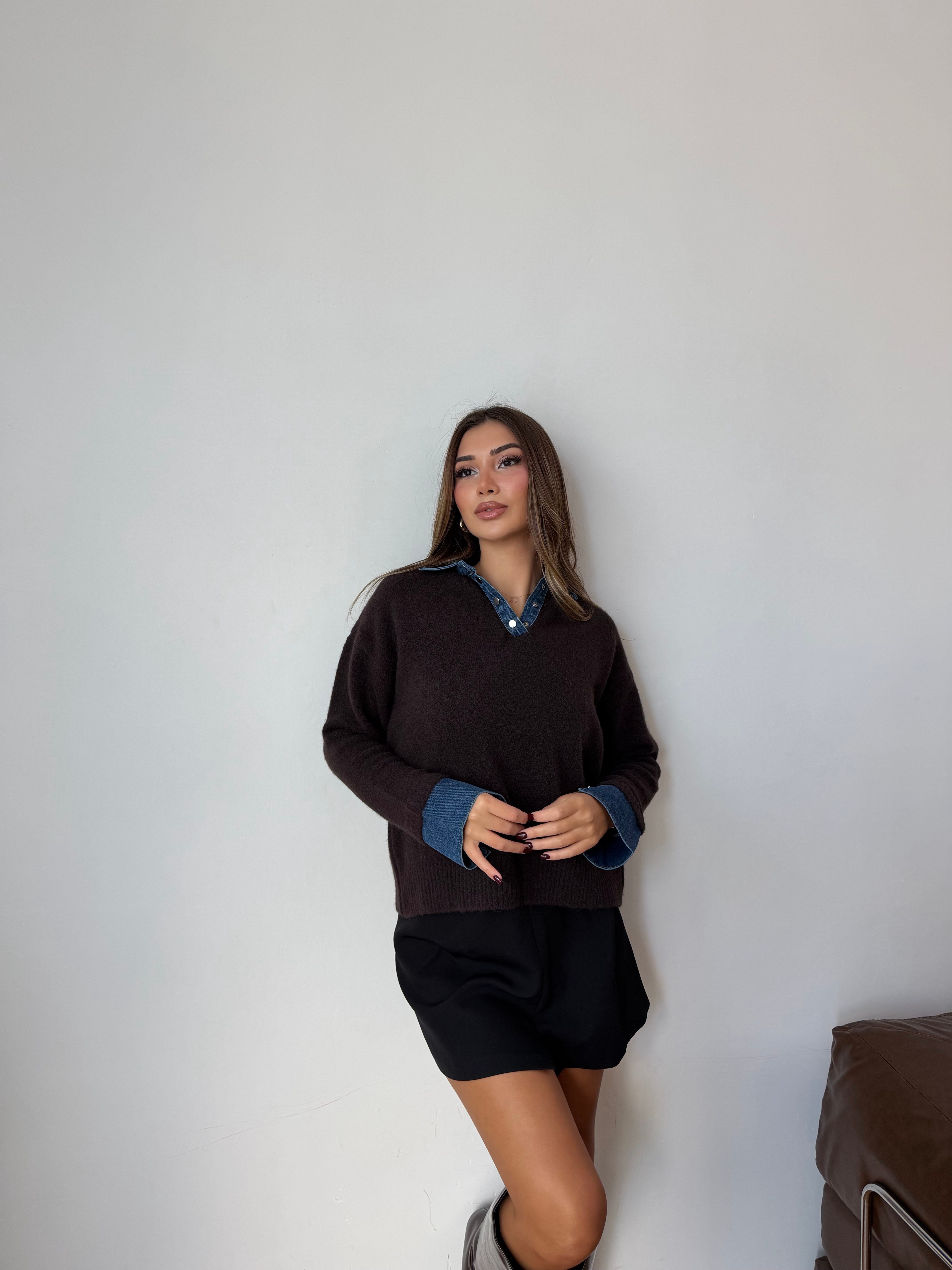 Kadın Yaka ve Kol Denim Detaylı Triko Kazak