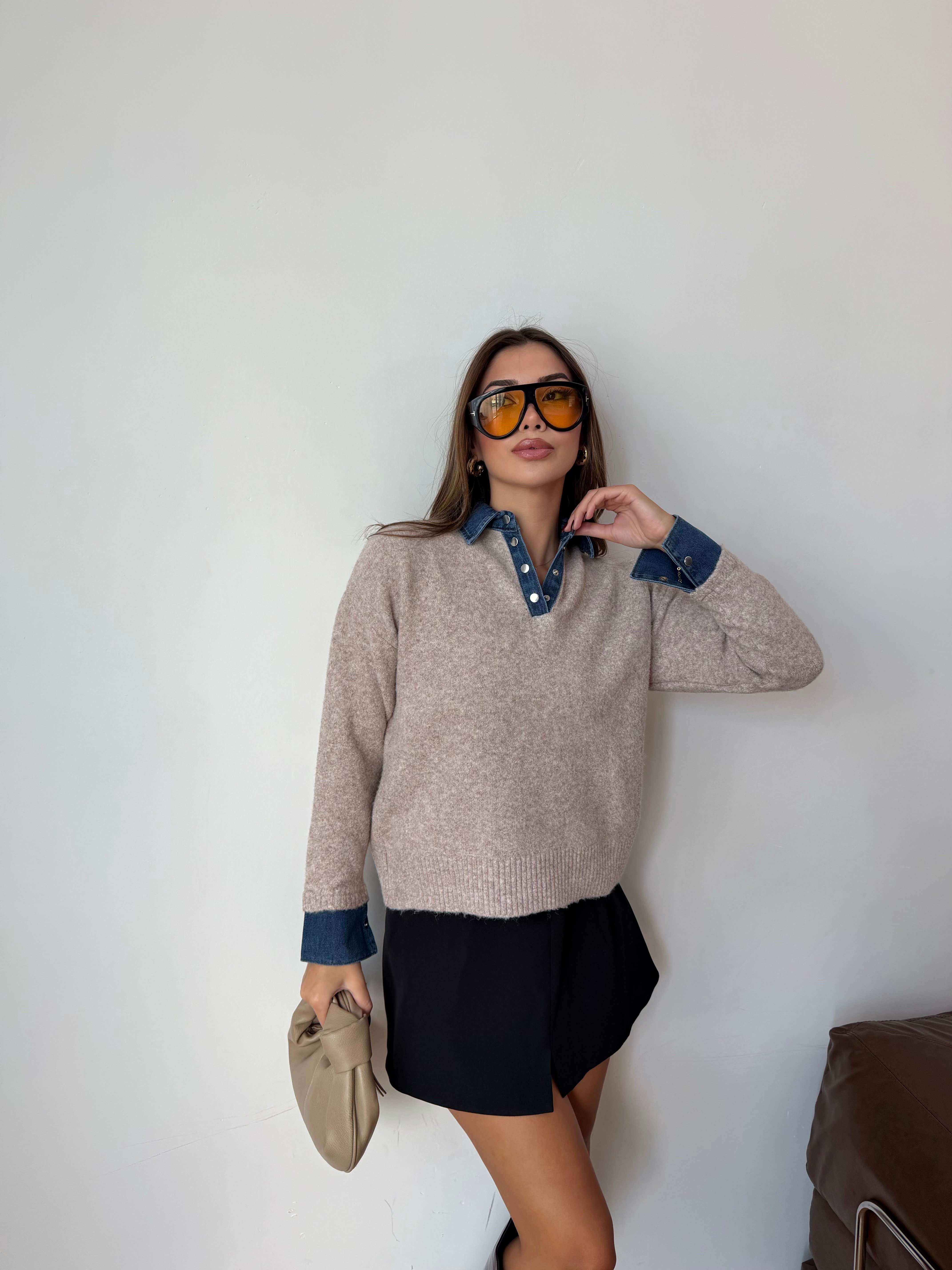 Kadın Yaka ve Kol Denim Detaylı Triko Kazak
