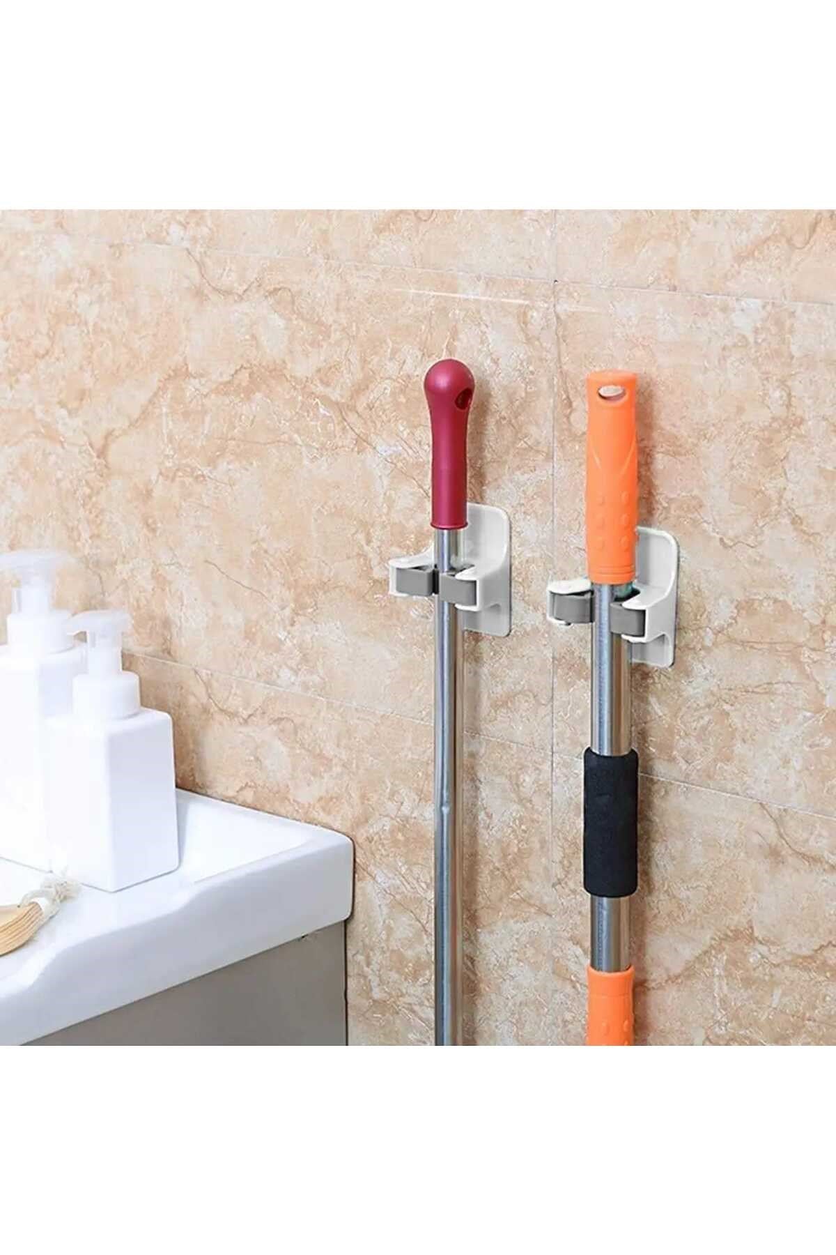 3 Adet Duvara Monte Mop ve Süpürge Tutucu – Yapışkanlı Paspas, Fırça ve Mop Askısı
