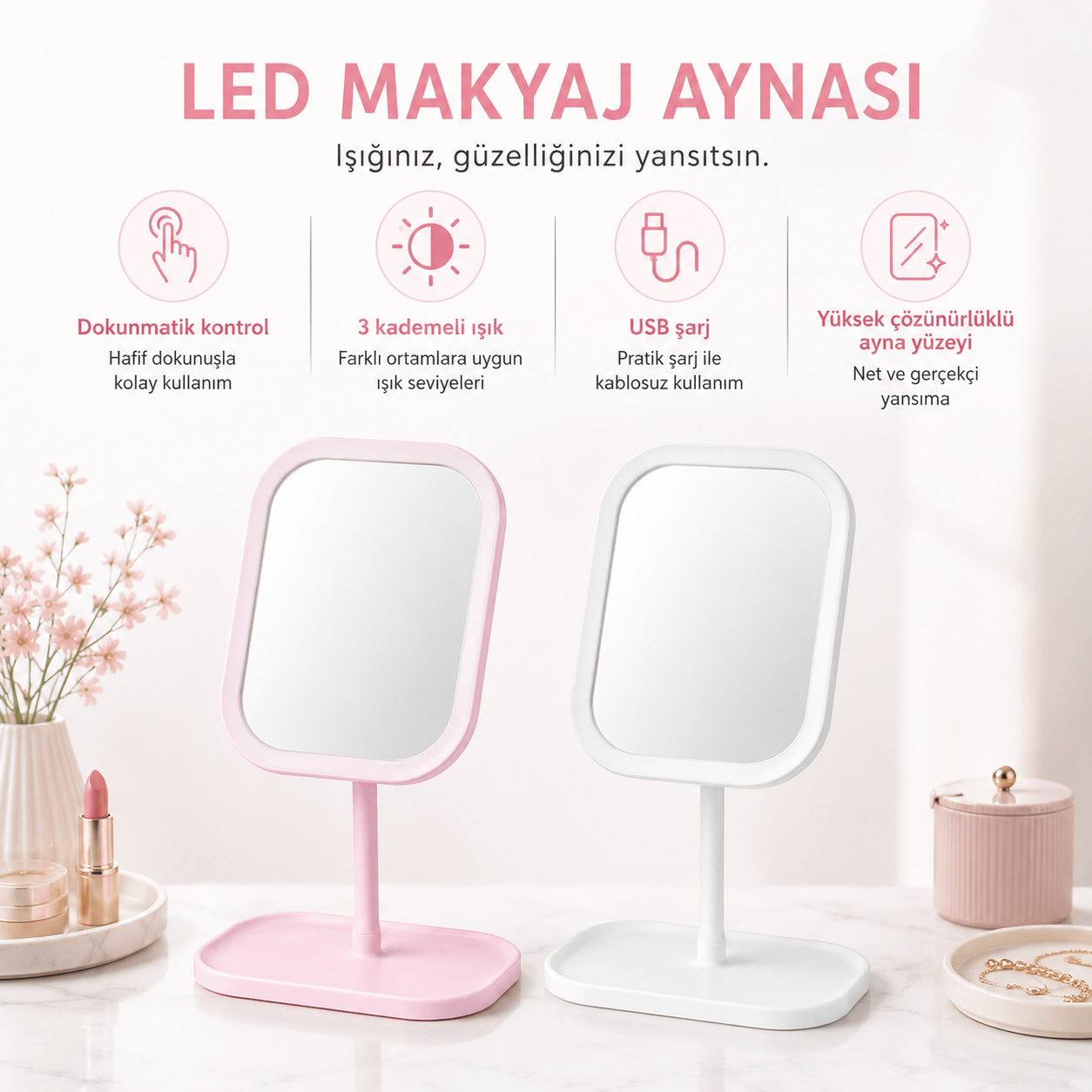 HUMAS LED Işıklı Masaüstü Makyaj Aynası, Dokunmatik Kontrollü, 3 Işık Modlu, USB Şarjlı Ayaklı Makyaj ve Bakım Aynası