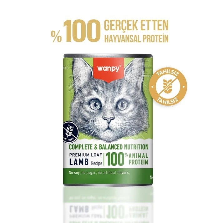 Wanpy Tahılsız Kedi %100 Gerçek Et 375 gr Kuzulu Konserve 