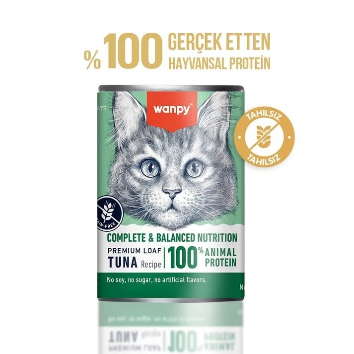 Wanpy Tahılsız Kedi %100 Gerçek Et 375 gr Ton Balıklı Konserve 