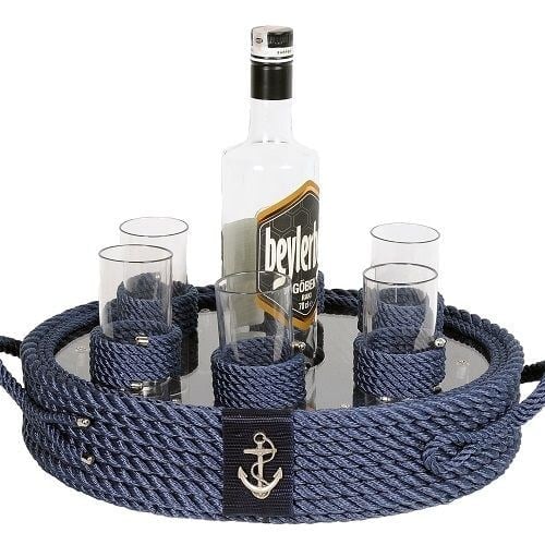 Lacivert Halat Rakı Bardaklı Tepsi