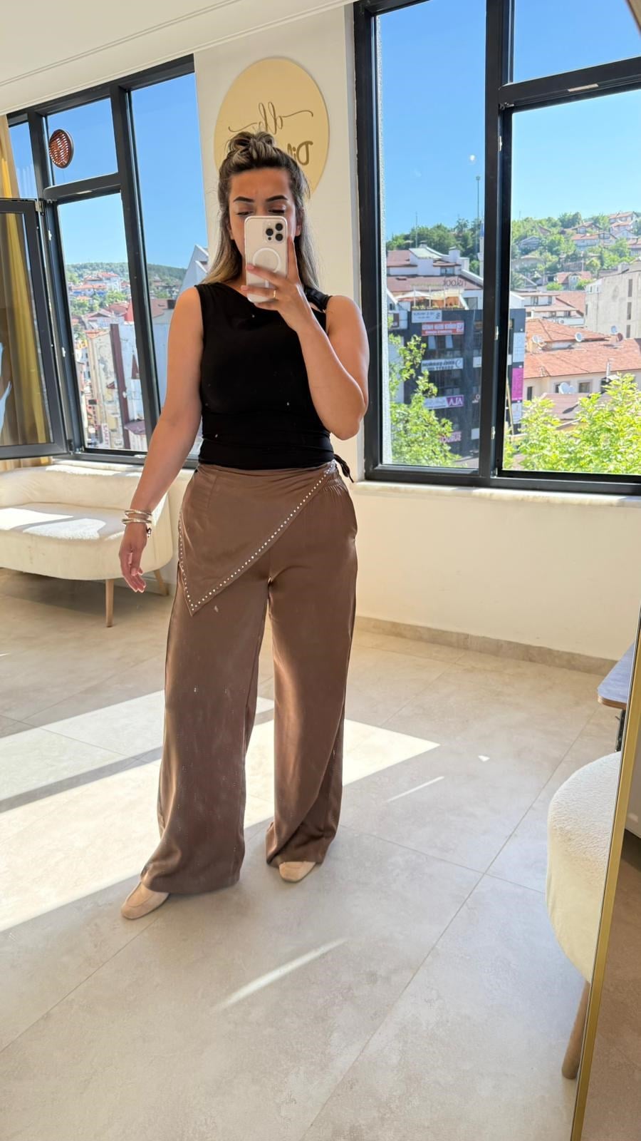 bağlama detaylı saten pantalon
