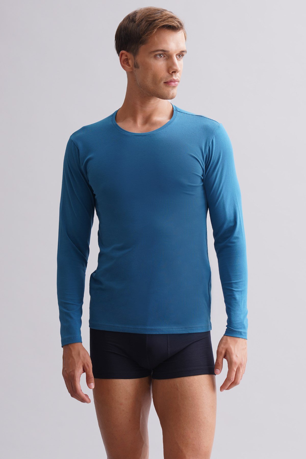 BAMBU HERCULES Slim Fit Bisiklet Yaka Uzun Kollu Erkek Fanila Petrol Mavi