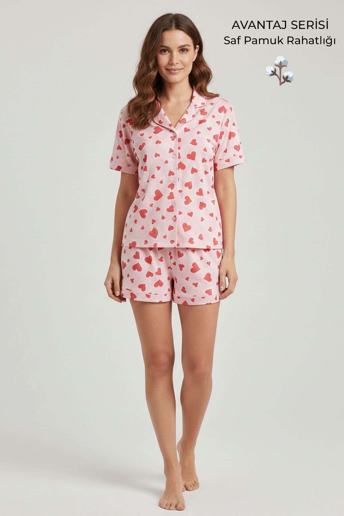 Kadın Pamuklu Kısa Kollu Gömlek Şortlu Takım Açık Pembe