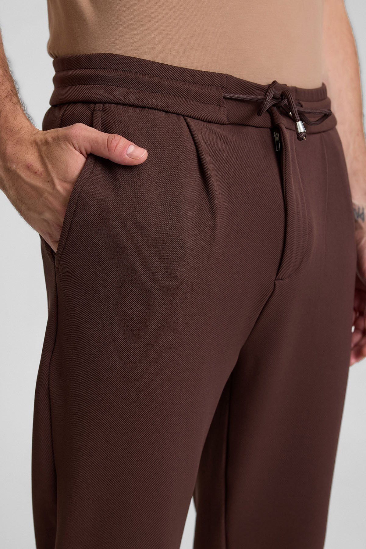 Mısırlı Erkek Beli Lastikli Örme Pantolon Koyu Kahverengi
