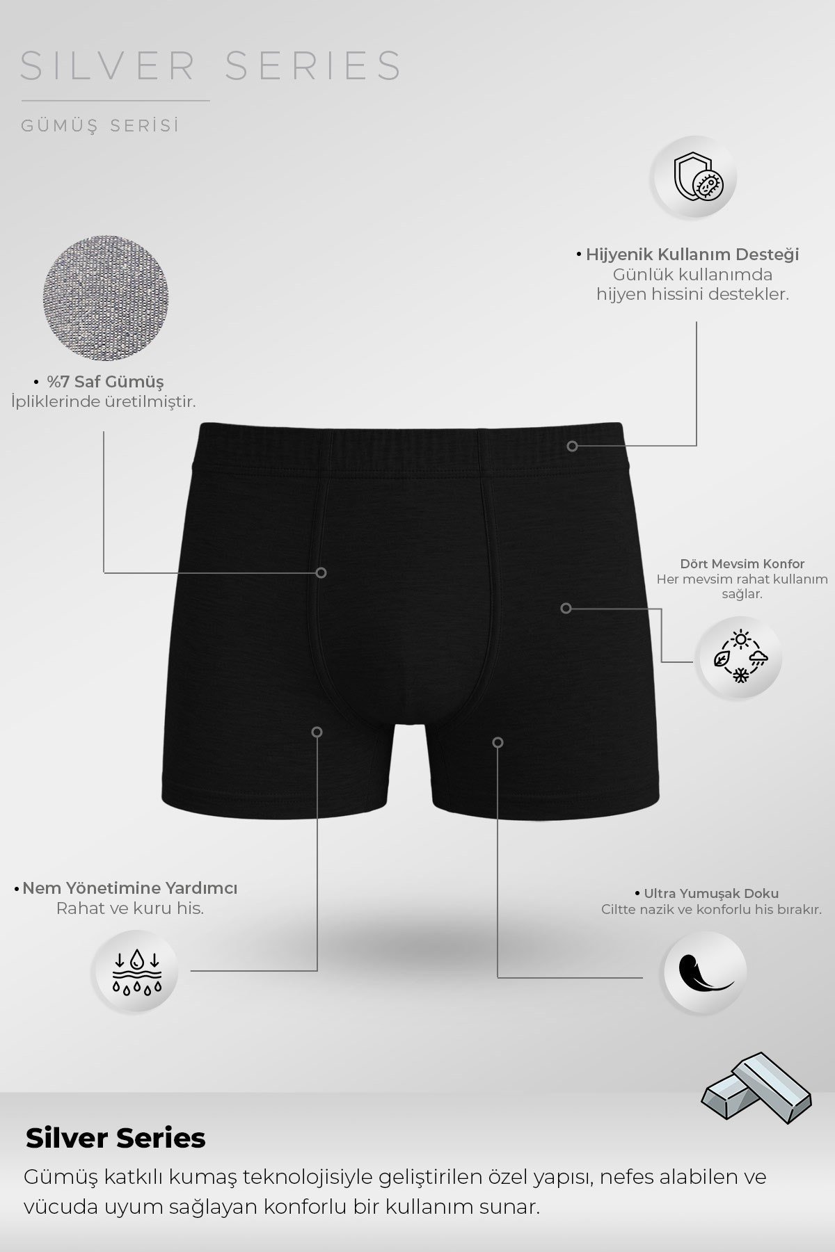 Mısırlı Erkek Gümüş Kısa Boxer Siyah