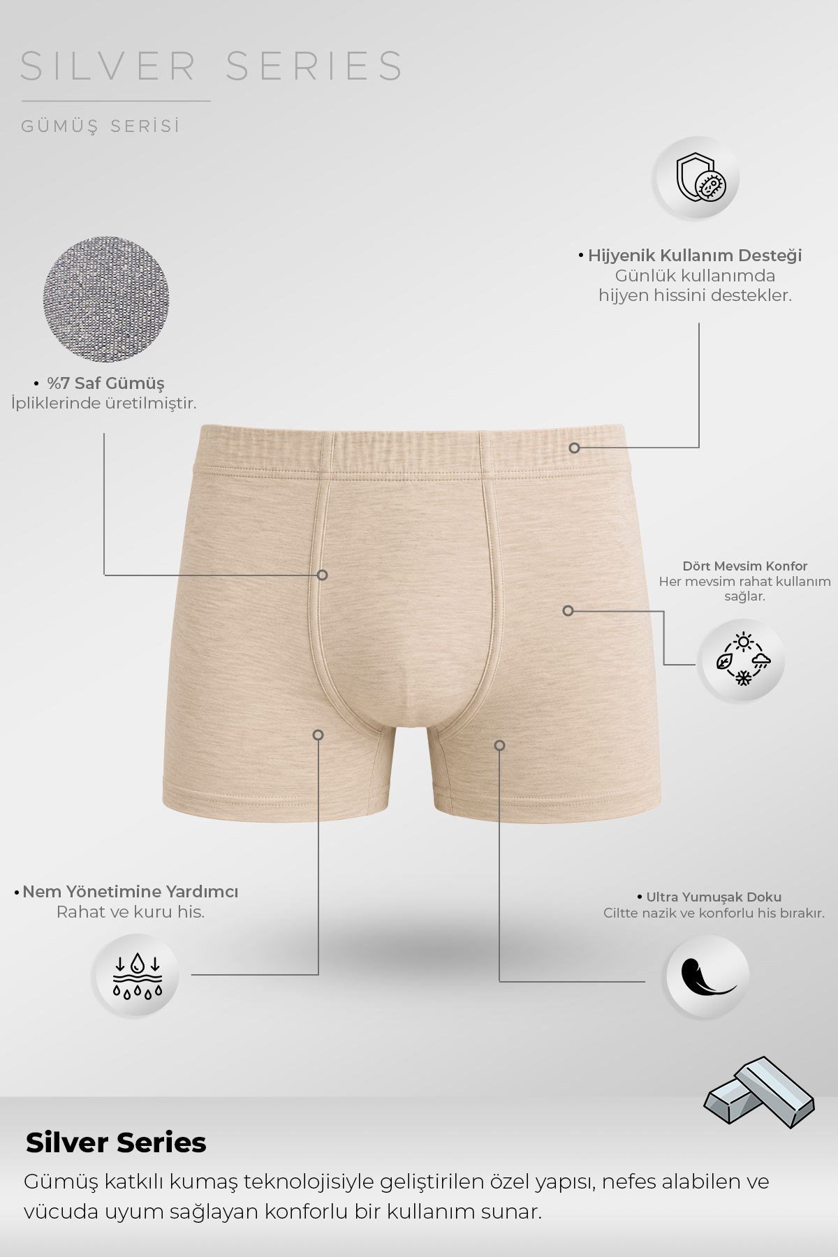Mısırlı Erkek Gümüş Kısa Boxer Ten