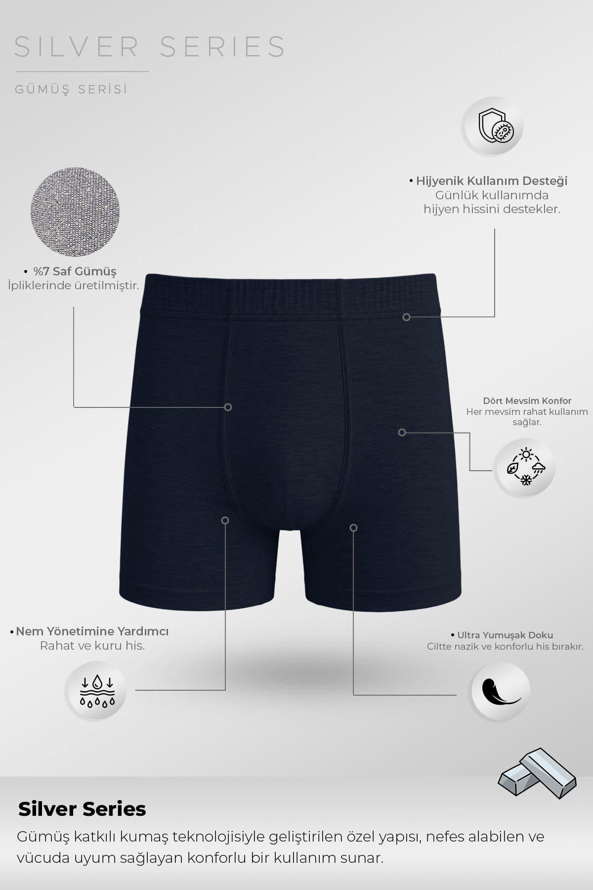 Mısırlı Erkek Gümüş Uzun Boxer Lacivert