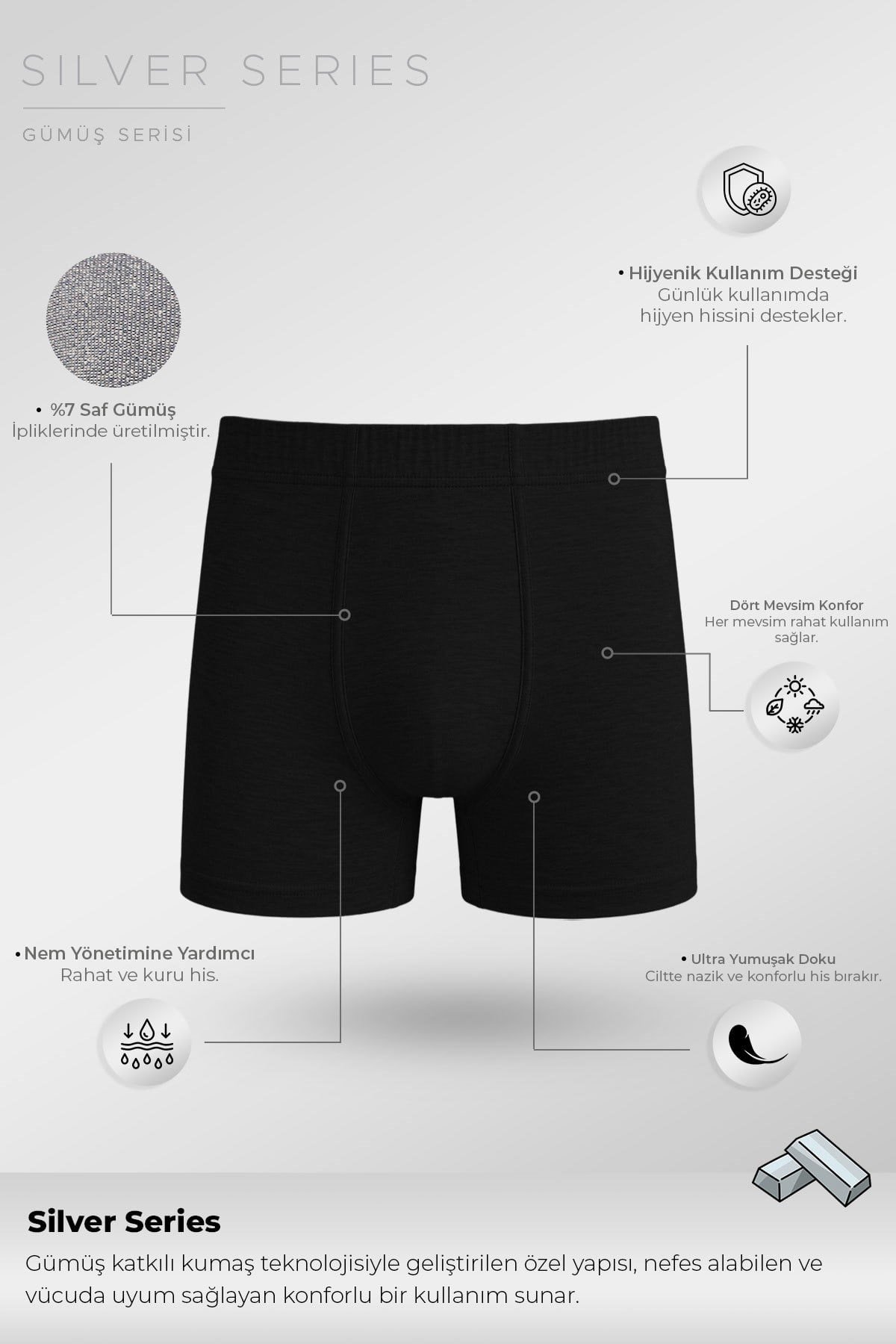 Mısırlı Erkek Gümüş Uzun Boxer Siyah
