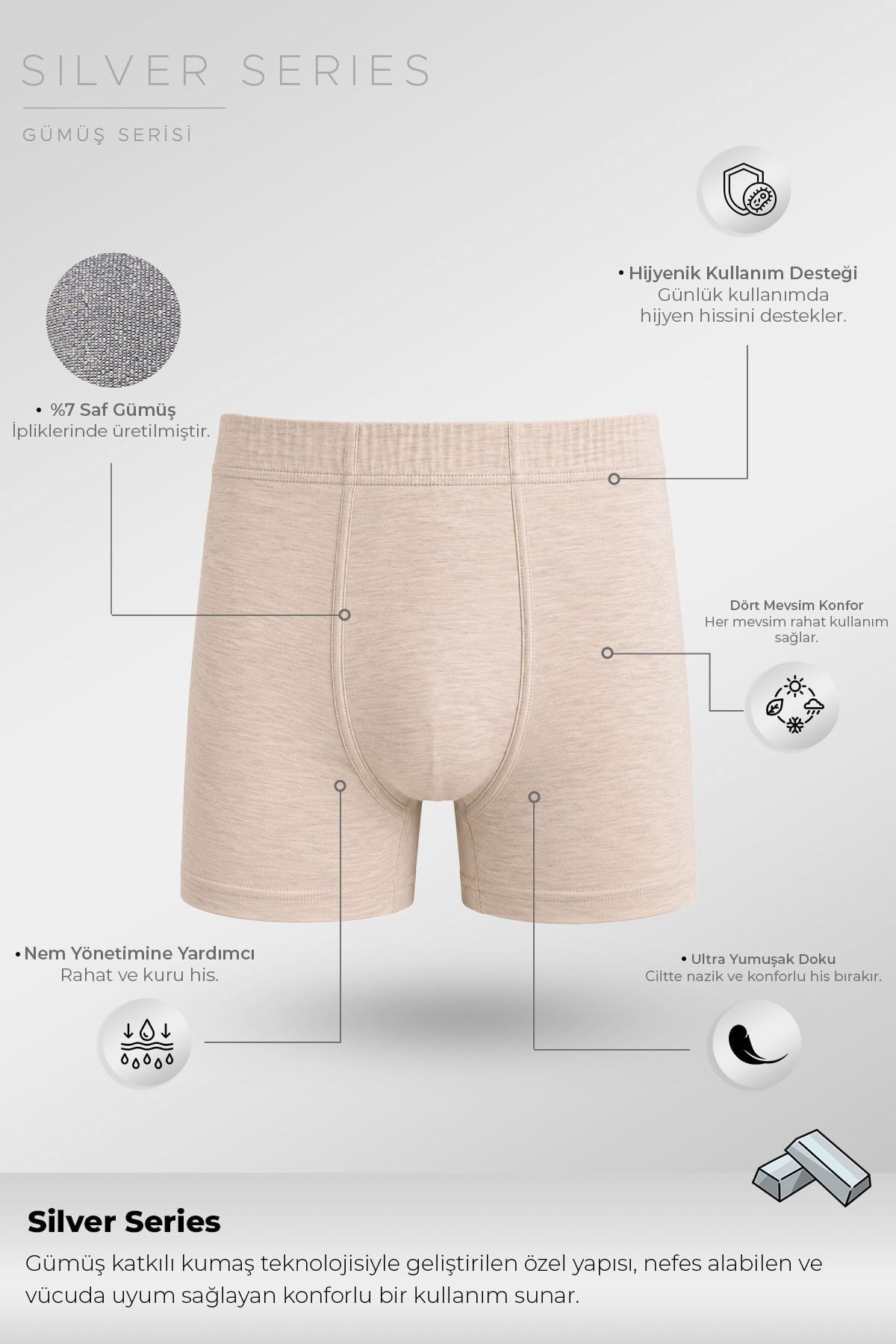 Mısırlı Erkek Gümüş Uzun Boxer Ten