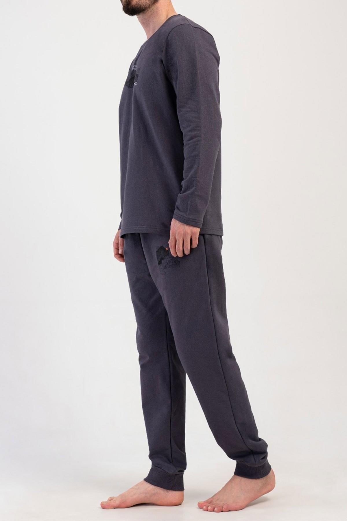 Mısırlı Erkek İki İplik Bisiklet Yaka Uzun Kollu Pijama Takımı Lacivert