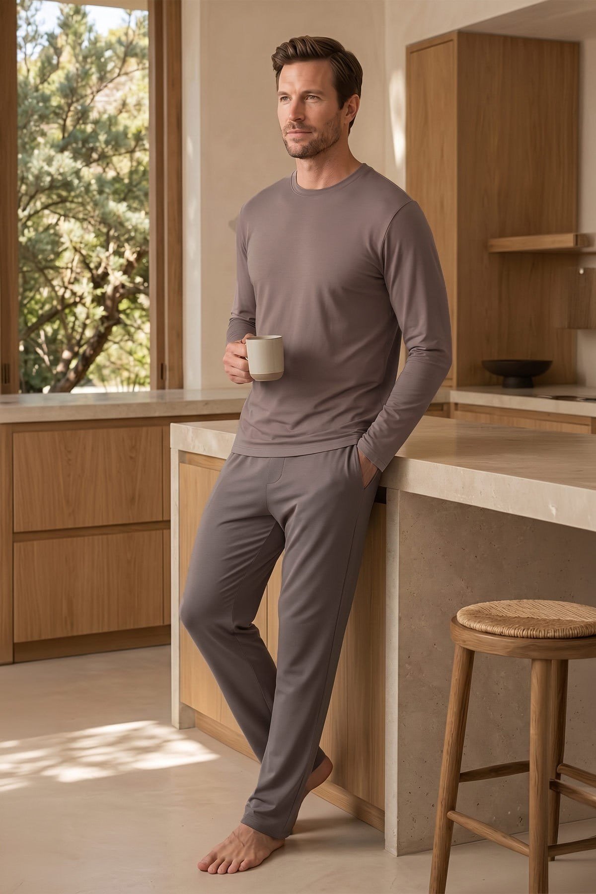 Mısırlı Erkek Modal & Pamuk Uzun Kollu Pijama Takımı Kahverengi