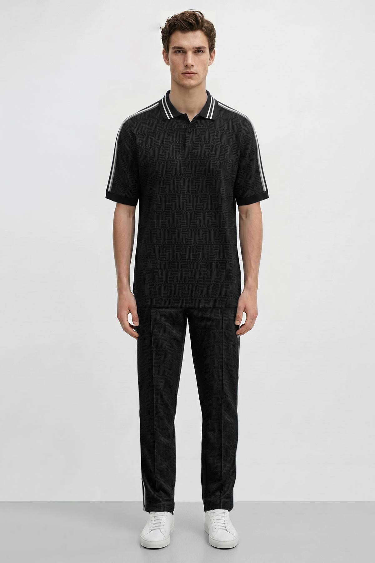 Mısırlı Erkek Monogram Desenli Polo Tshirt Eşofman Takım Siyah