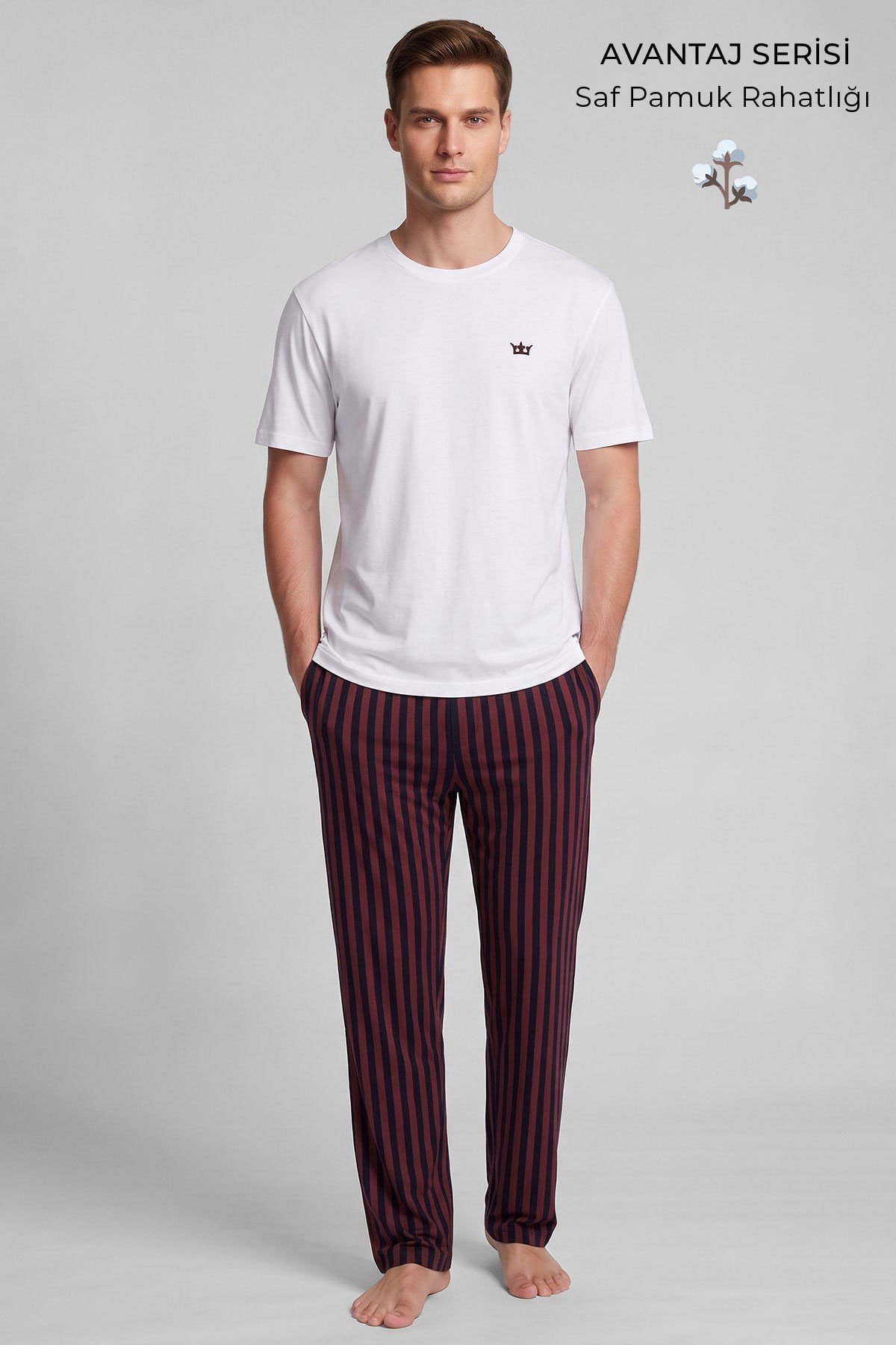 Mısırlı Erkek Pamuk Çizgili Pijama Takım Beyaz-Bordo