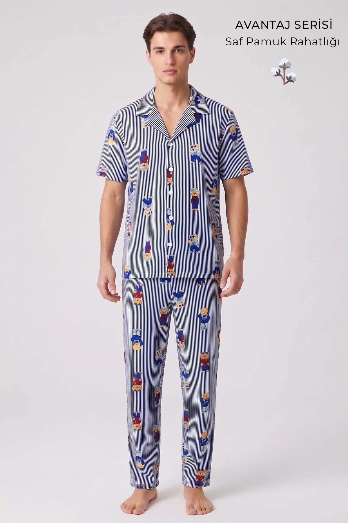 Mısırlı Erkek Pamuk Kısa Kollu Gömlek Pijama Takım Lacivert