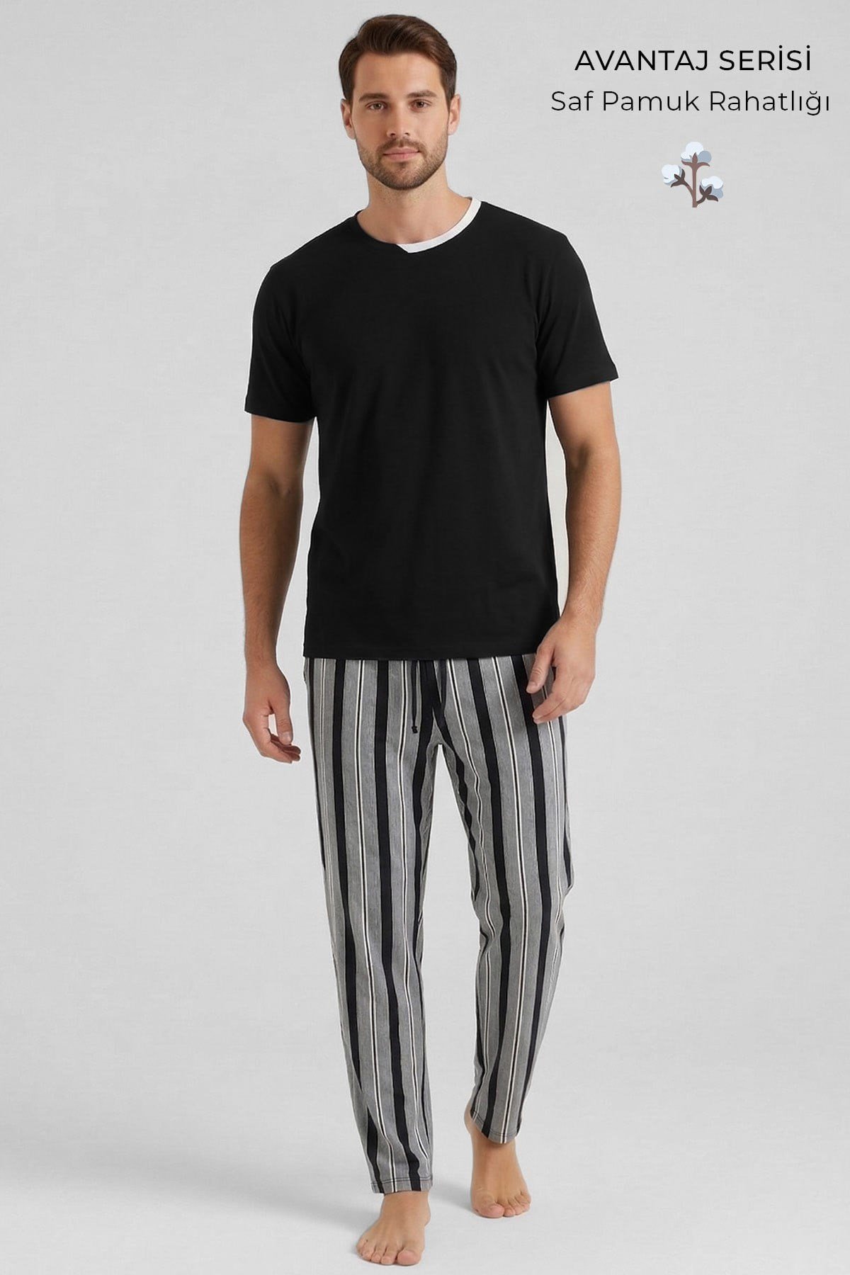 Mısırlı Erkek Pamuklu Bisiklet Yaka Çizgili Pijama Takım Siyah