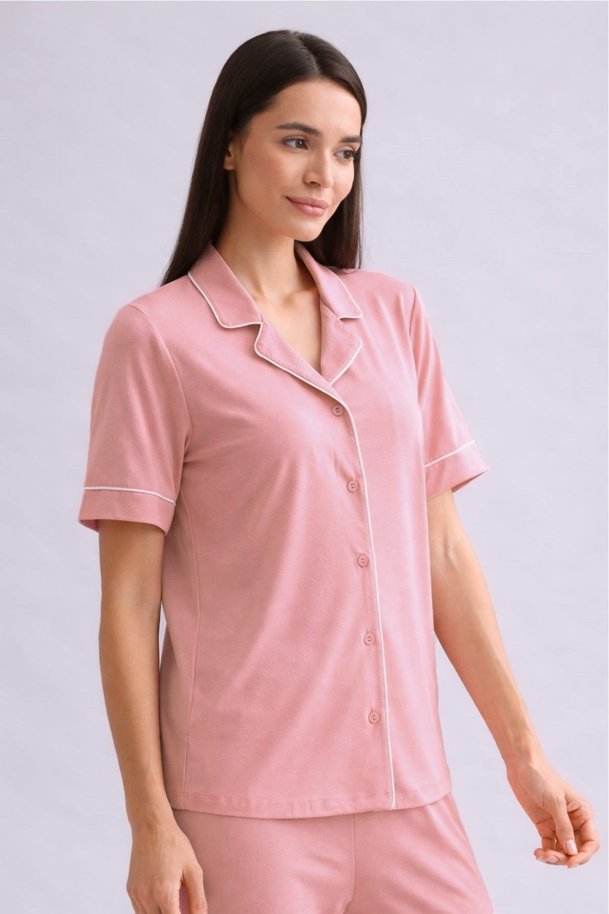 Mısırlı Kadın Bambu Kısa Kol Pijama Üst Toz Pembe