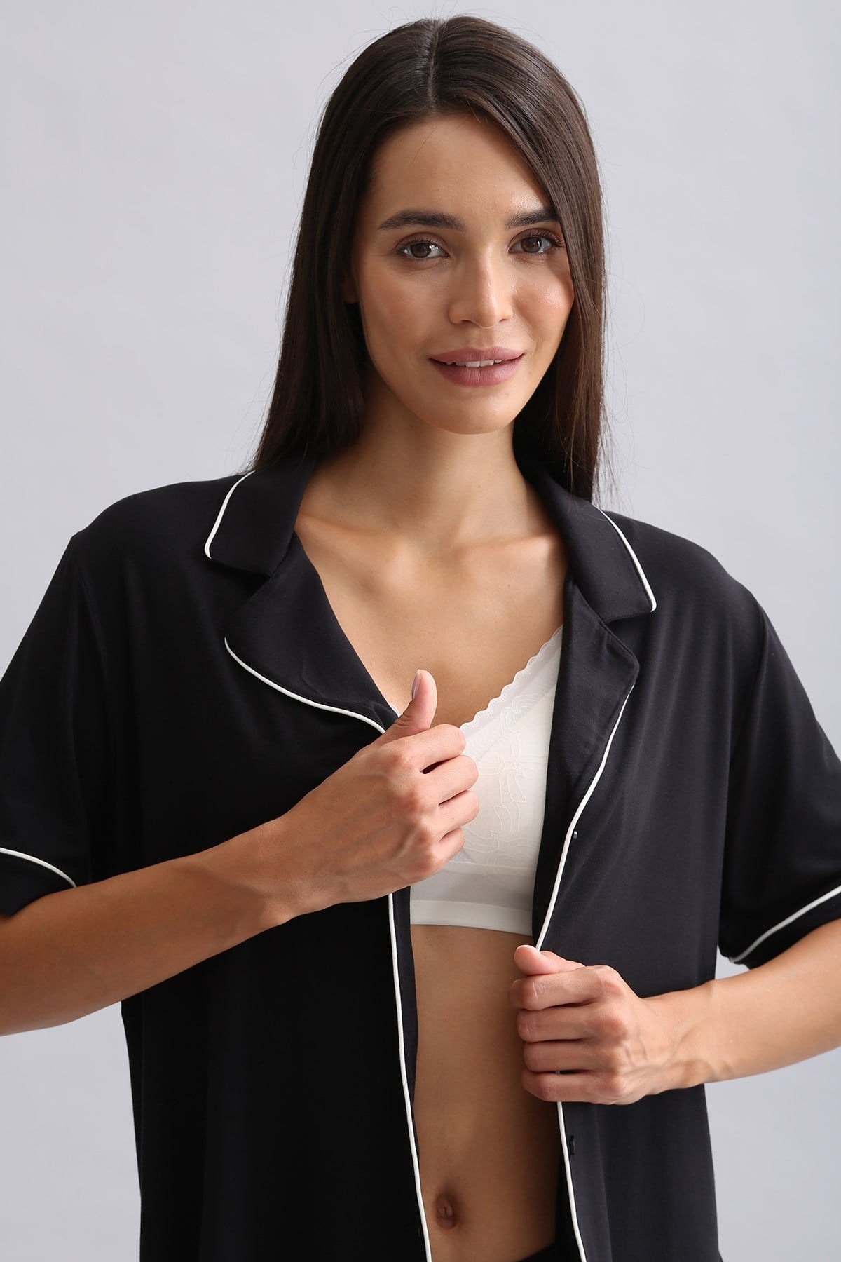 Mısırlı Kadın Bambu Kısa Kol Pijama Üst Siyah