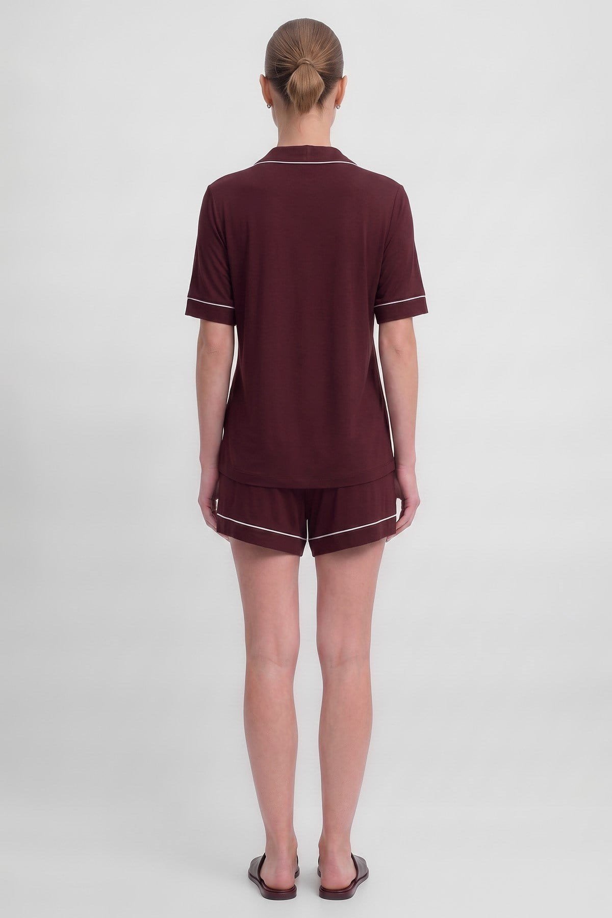 Mısırlı Kadın Bambu Pijama Gömlek Sort Takım Bordo