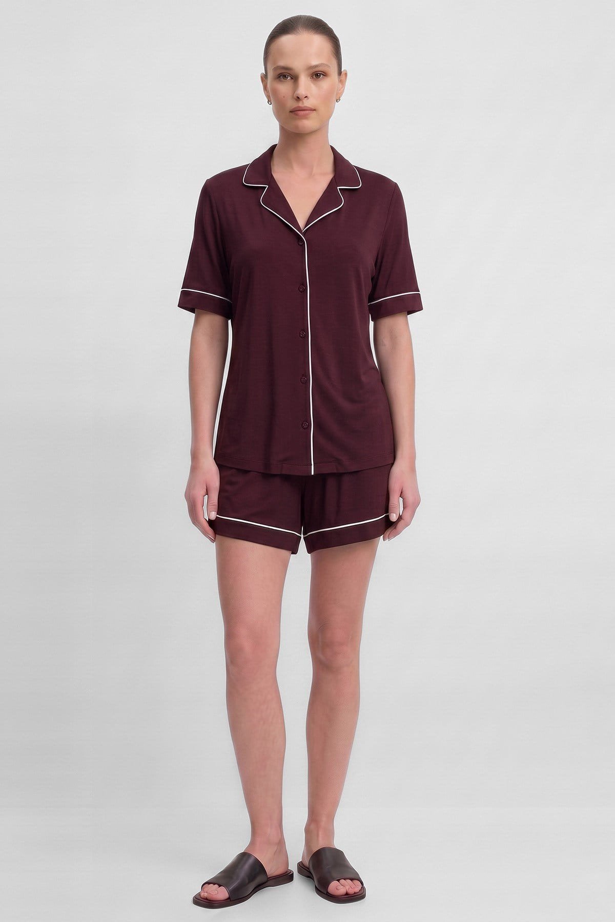 Mısırlı Kadın Bambu Pijama Gömlek Sort Takım Bordo
