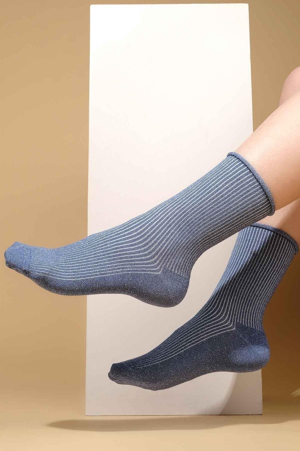 Mısırlı Kadın Bambu Simli Soket Çorap Mavi