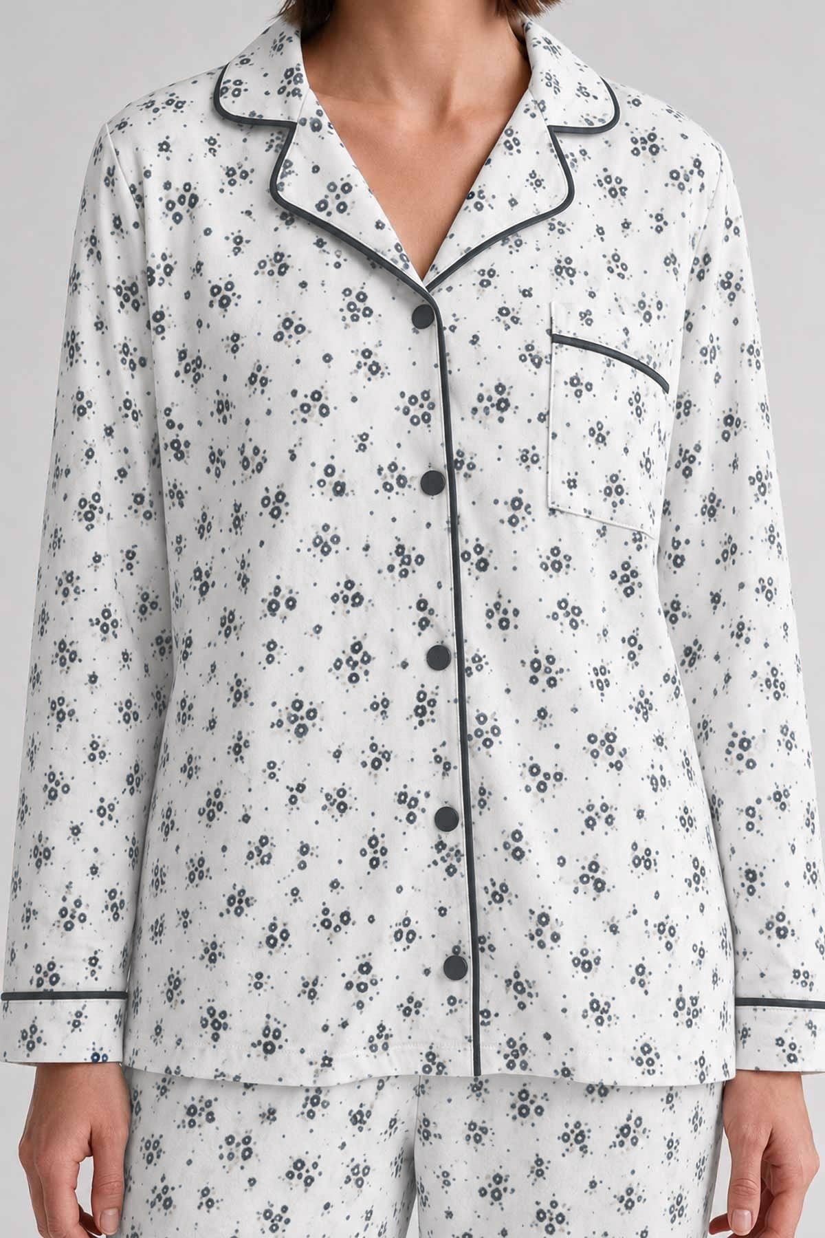 Mısırlı Kadın Düğmeli Çiçek Desenli Pijama Takım Lavender