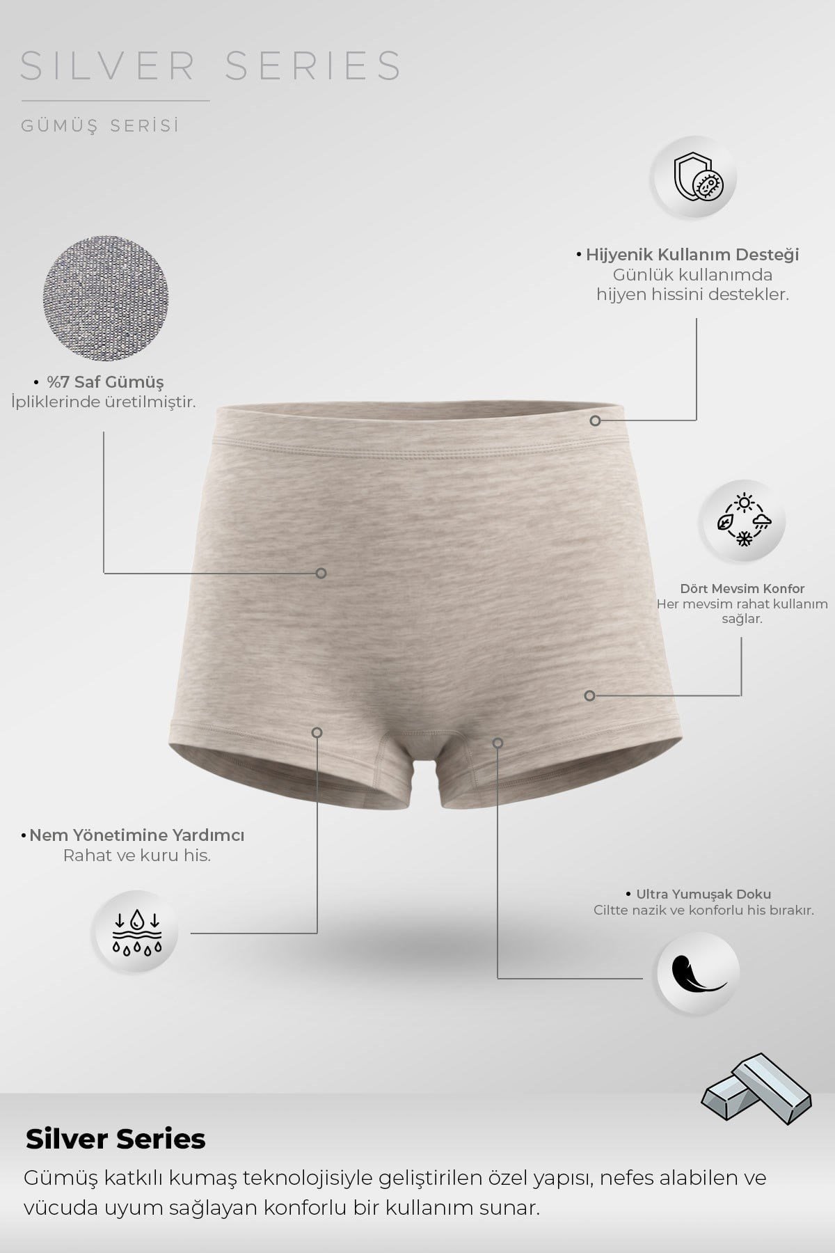 Mısırlı Kadın Gümüş Boxer Kilot Gri Melanj