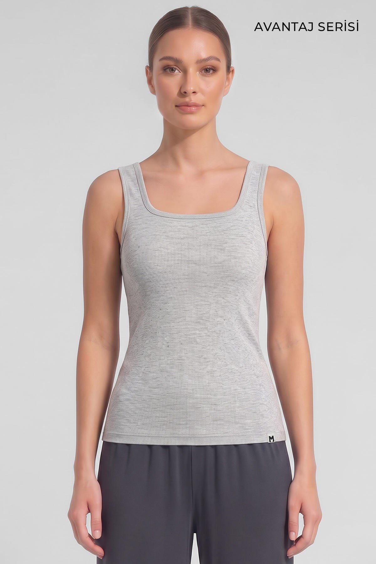Mısırlı Kadın Kaşkorse Sırt Açık Askılı T-Shirt Gri Melanj