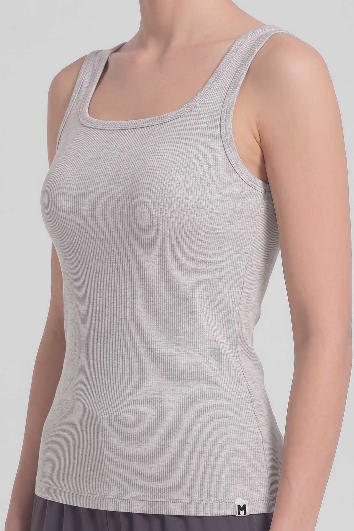 Mısırlı Kadın Kaşkorse Sırt Açık Askılı T-Shirt Gri Melanj