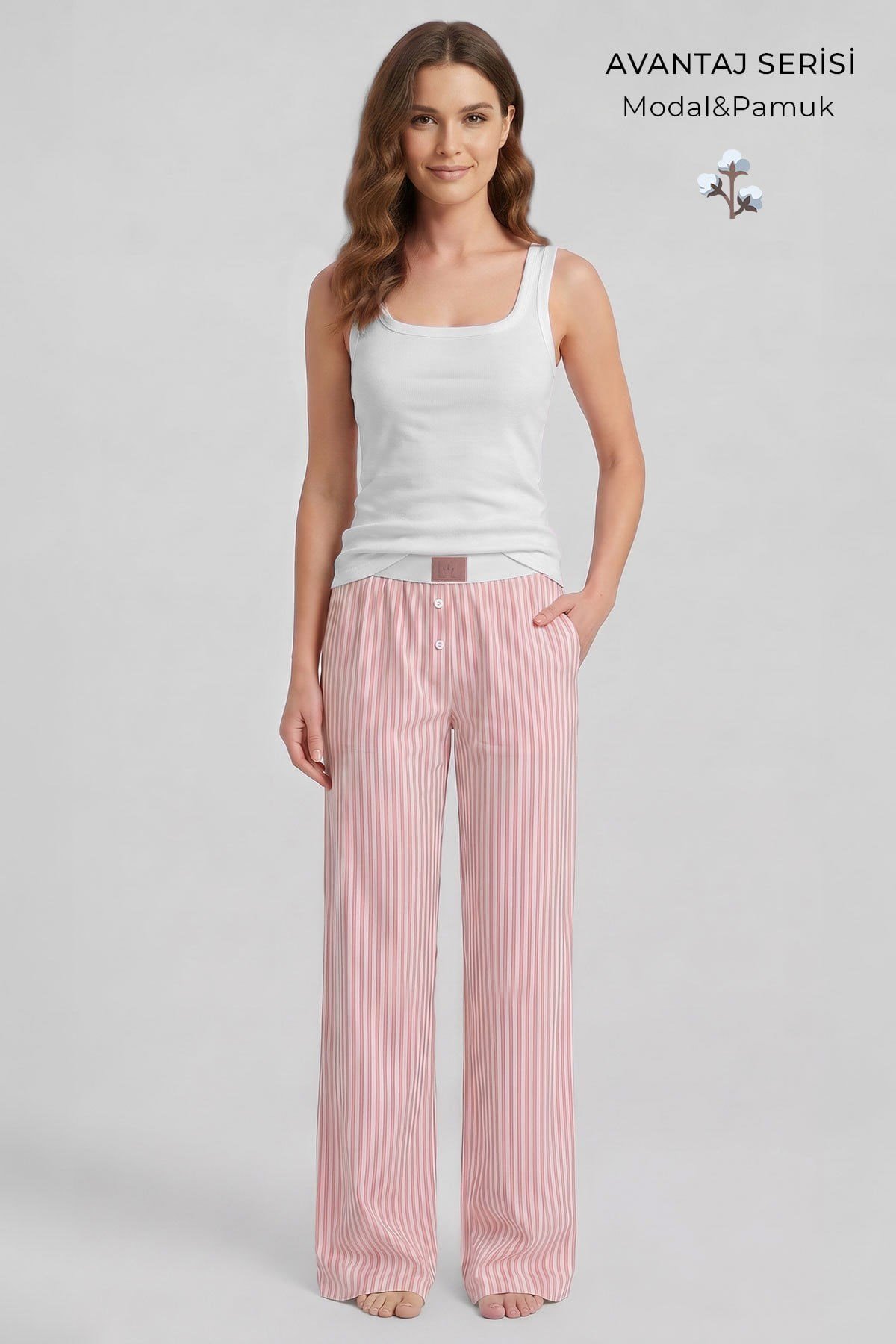 Mısırlı Kadın Modal&Pamuk Karışımlı Askılı Pijama Takım Beyaz-Somon Çizgili