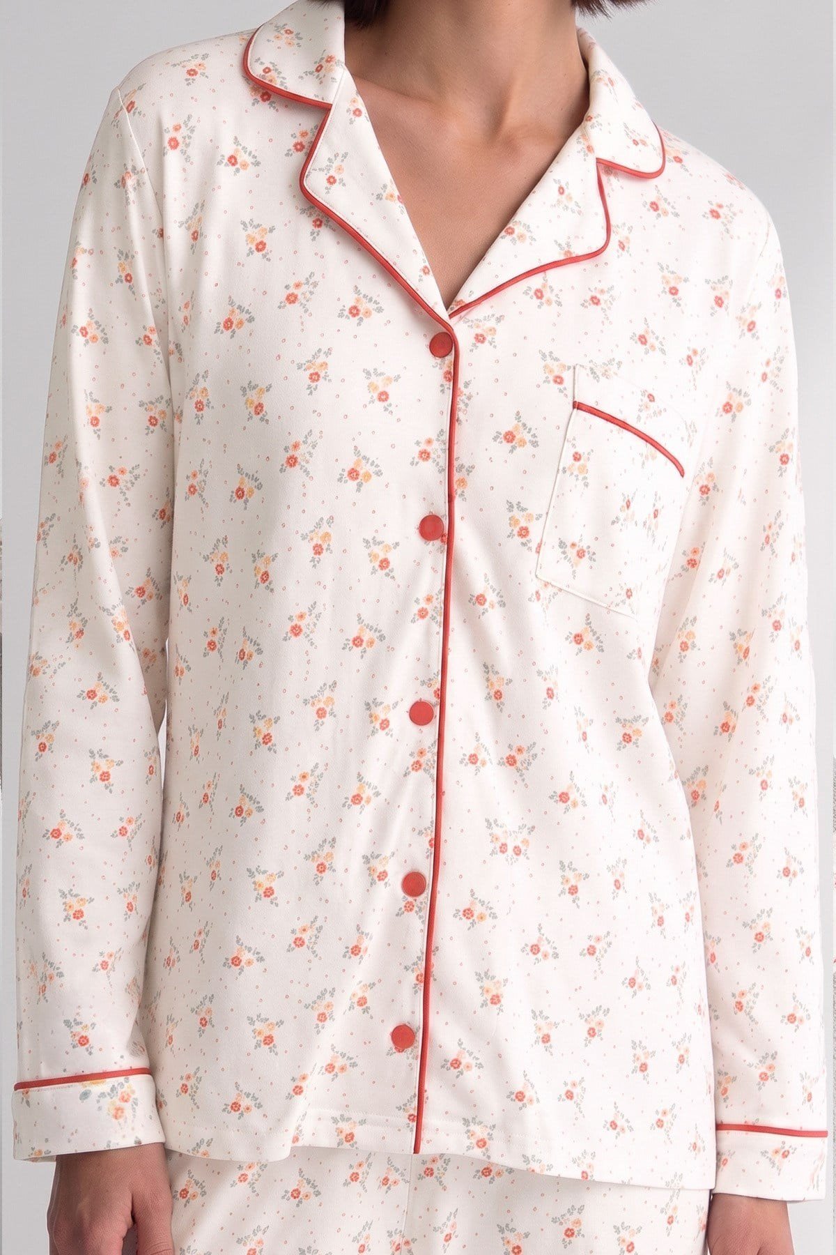 Mısırlı Kadın Önden Düğmeli Biyeli Pijama Takım Turuncu