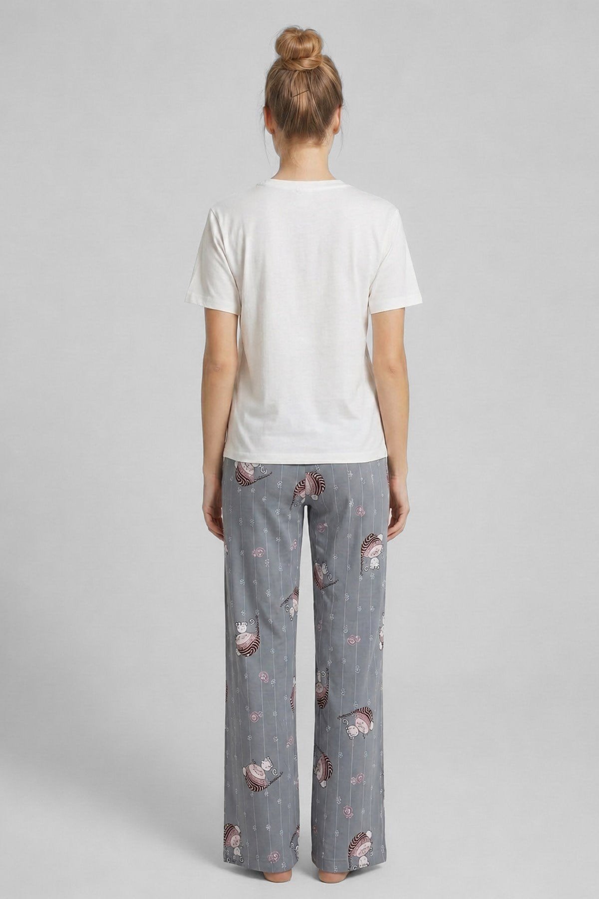 Mısırlı Kadın Pamuklu Pijama Takım Gri/Beyaz